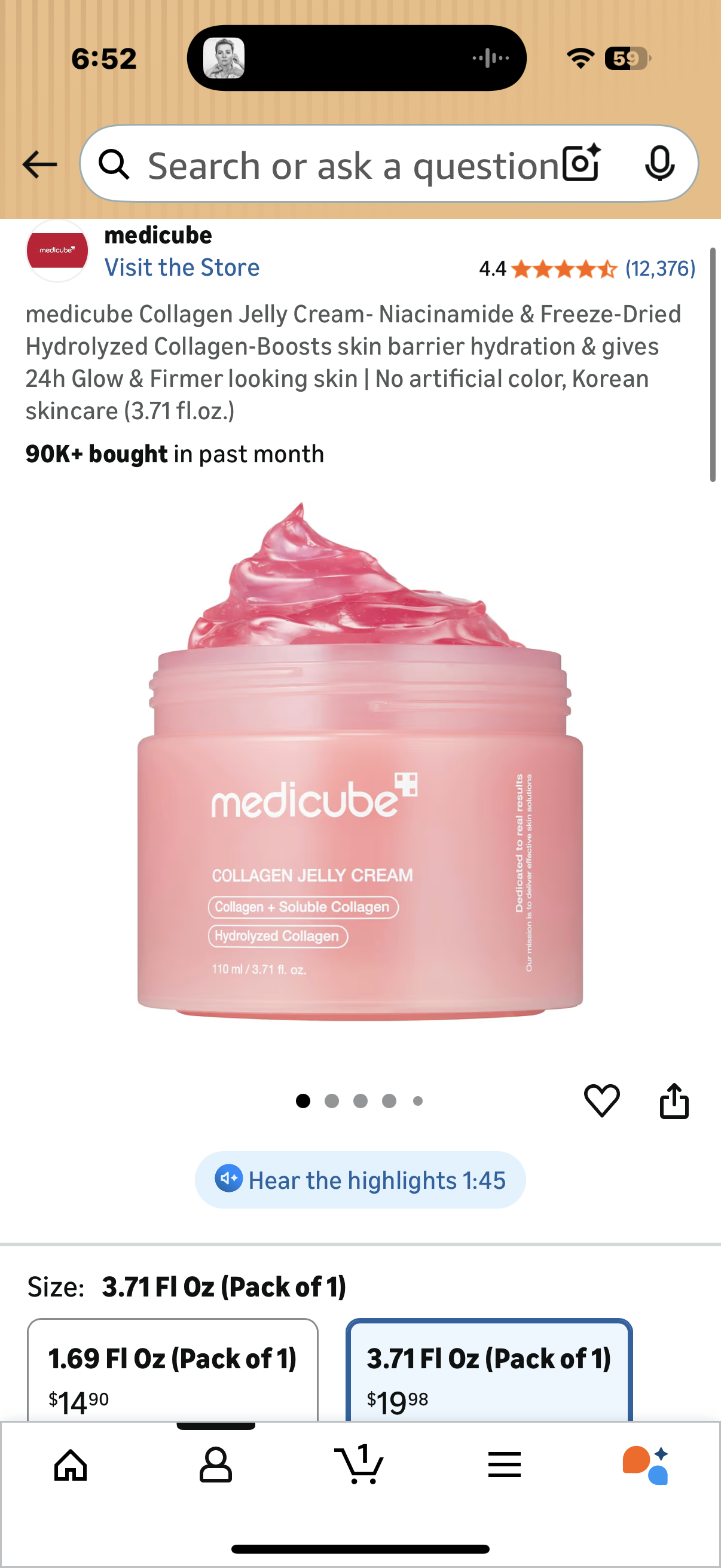 medicube Collagen Jelly Cream- Niacinamide & Freeze-Dried Hydrolyzed Collagen-Boosts skin barrier hydration & gives 24h Glow & Firmer looking