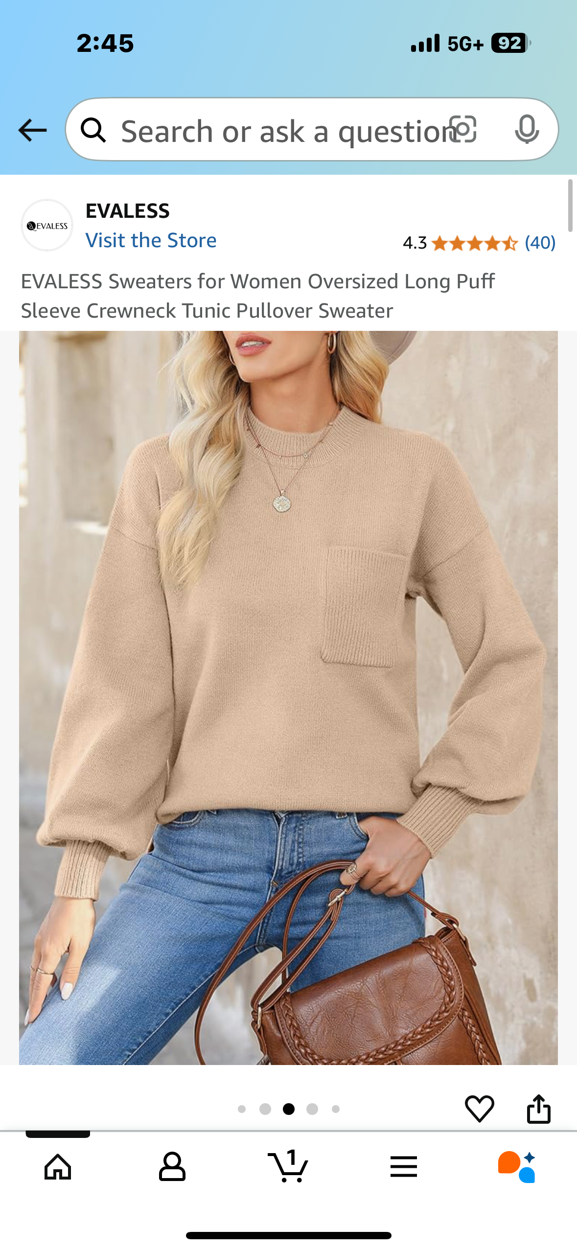 EVALESS Sweaters for Women Oversized Long Puff Sleeve Crewneck Tunic Pullover Sweater