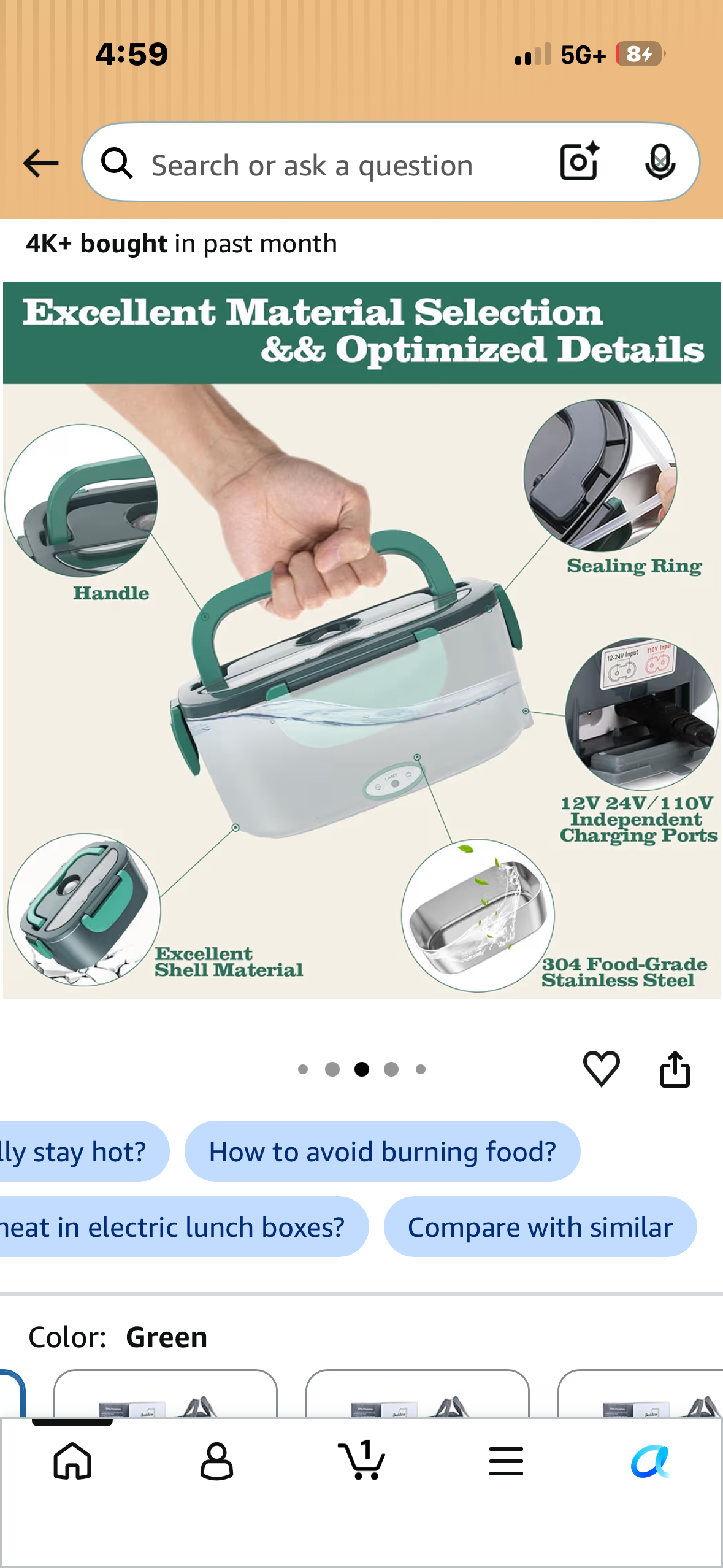 Purab Mart- Electric Lunch Box 60W Food Warmer Heater 12V/24V/110V Faster Heated Lunch Box for Car & Home – With 1.5L Removable 304 SS Container, Leak proof, fork, spoon and Carry Bag (Grey)