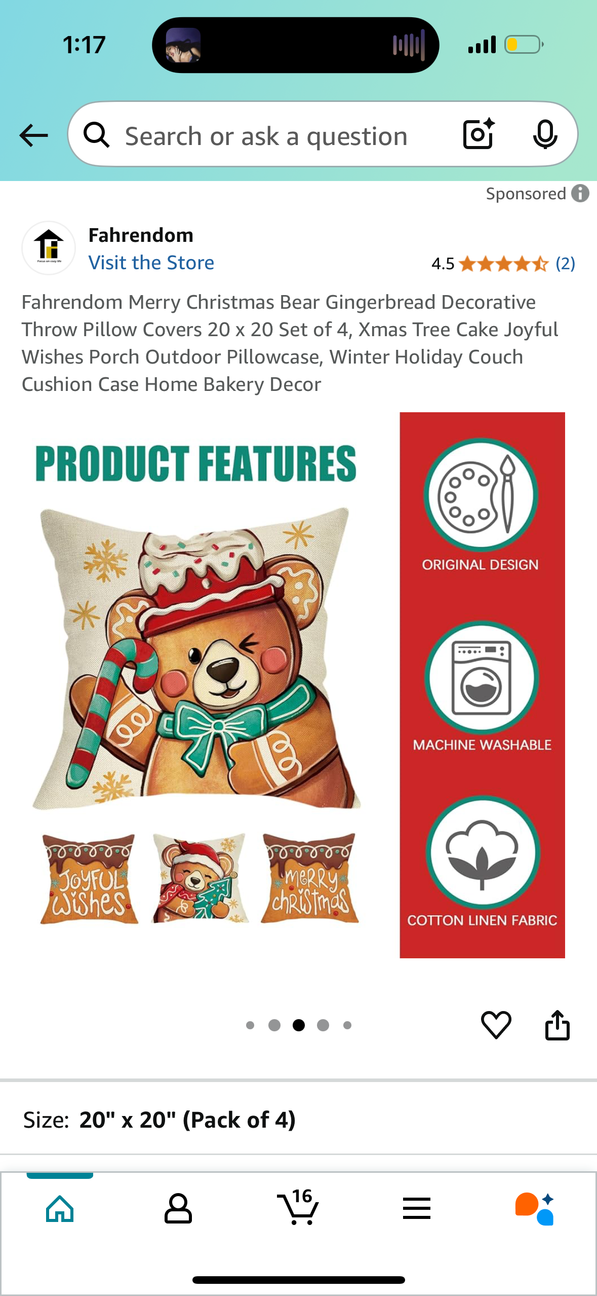 Fahrendom Merry Christmas Bear Gingerbread Decorative Throw Pillow Covers *16x16* Set of 4, Xmas Tree Cake Joyful Wishes Porch Outdoor Pillowcase, Winter Holiday Couch Cushion Case Home Bakery Decor