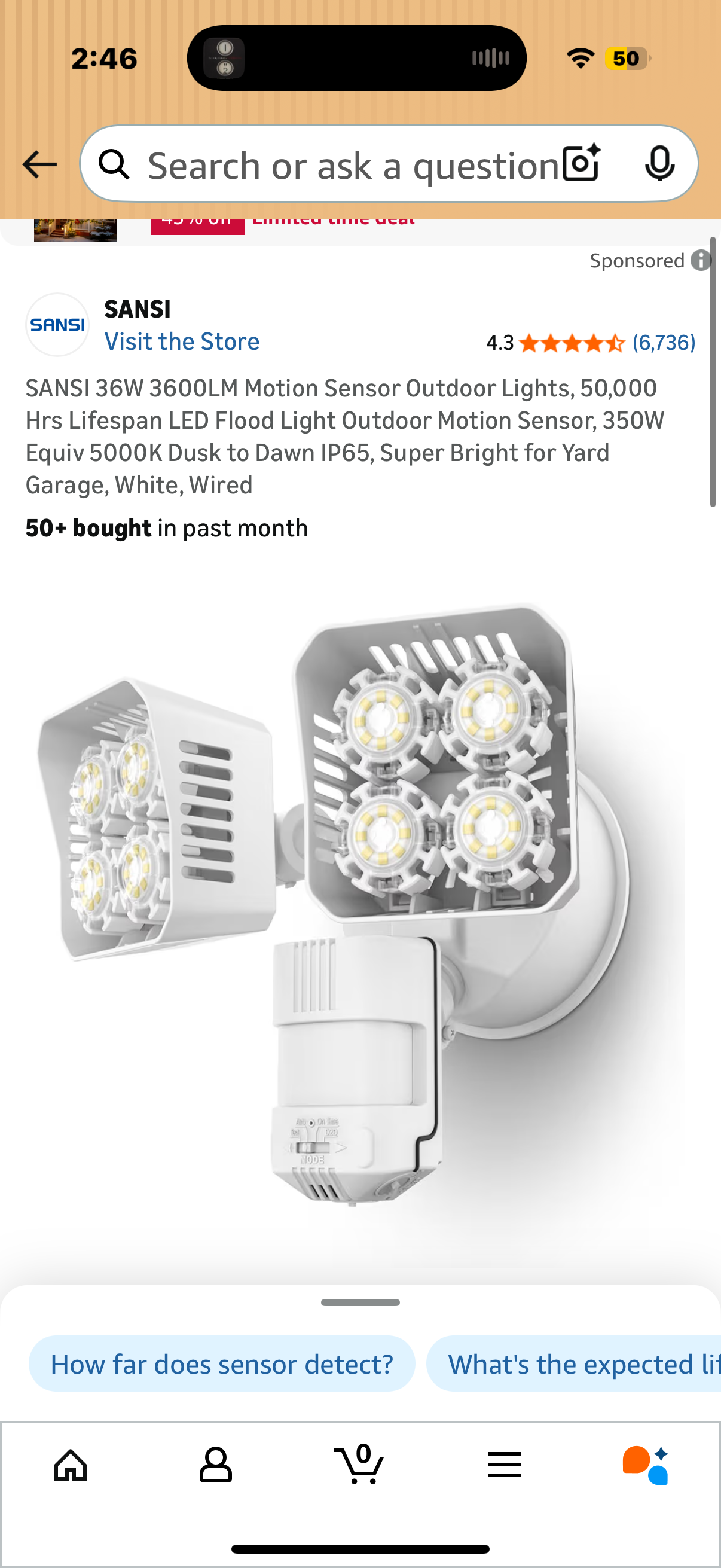 SANSI 36W 3600LM Motion Sensor Outdoor Lights, 50,000 Hrs Lifespan LED Flood Light Outdoor Motion Sensor, 350W Equiv 5000K Dusk to Dawn IP65, Super Bright for Yard Garage, White, Wired