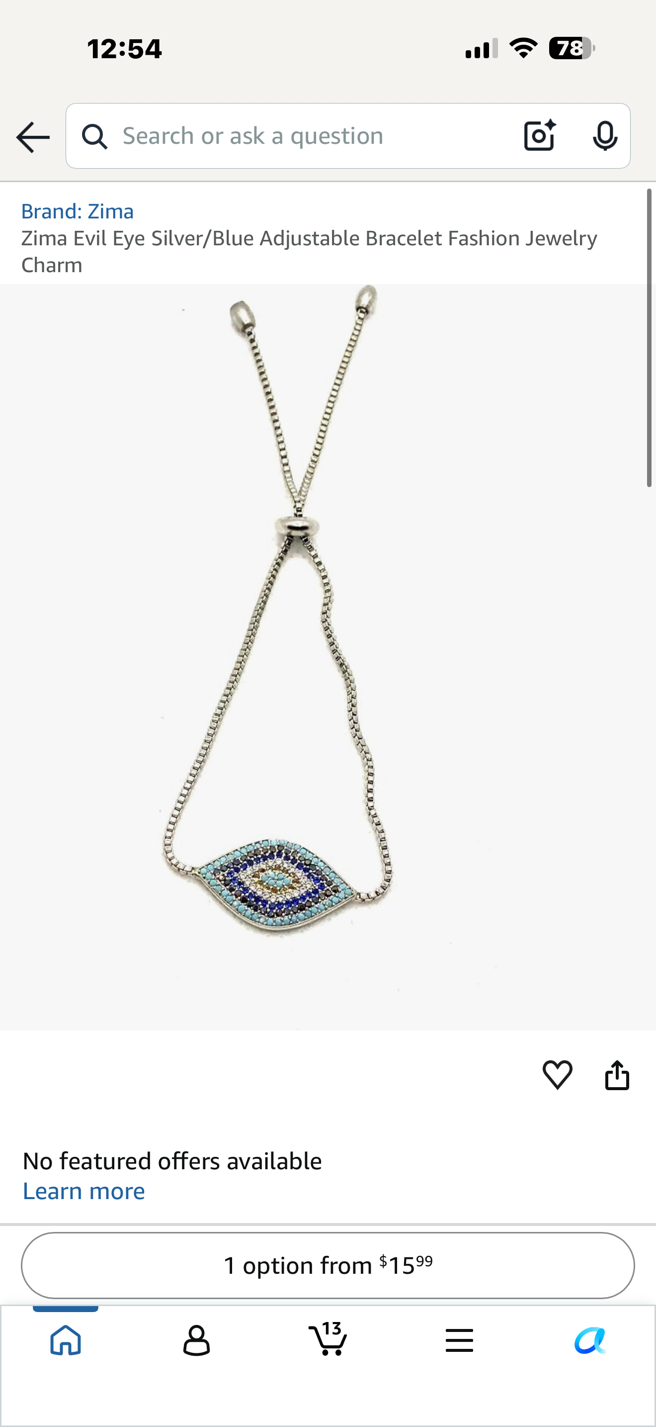 Evil Eye Silver/Blue Adjustable Bracelet Fashion Jewelry Charm