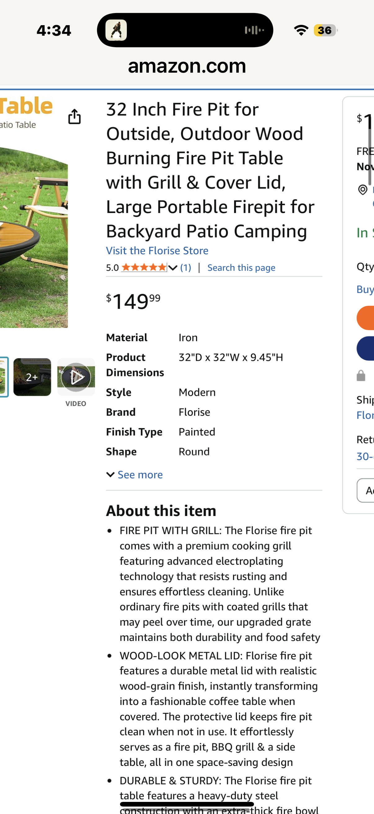 32 Inch Fire Pit for Outside, Outdoor Wood Burning Fire Pit Table with Grill & Cover Lid, Large Portable Firepit for Backyard Patio Camping