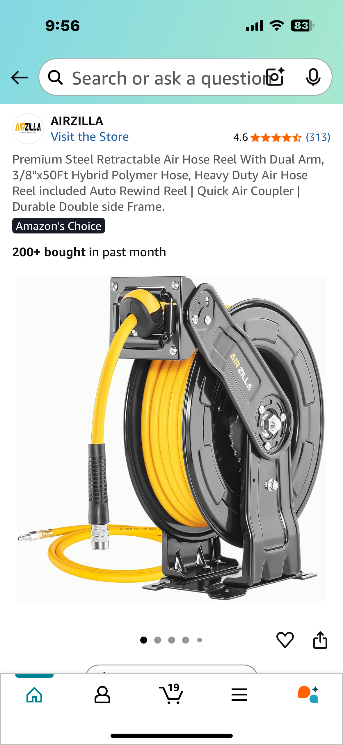Premium Steel Retractable Air Hose Reel With Dual Arm, 3/8"x50Ft Hybrid Polymer Hose, Auto Rewind Reel, Quick Air Coupler, Durable Double Frame (G817)
