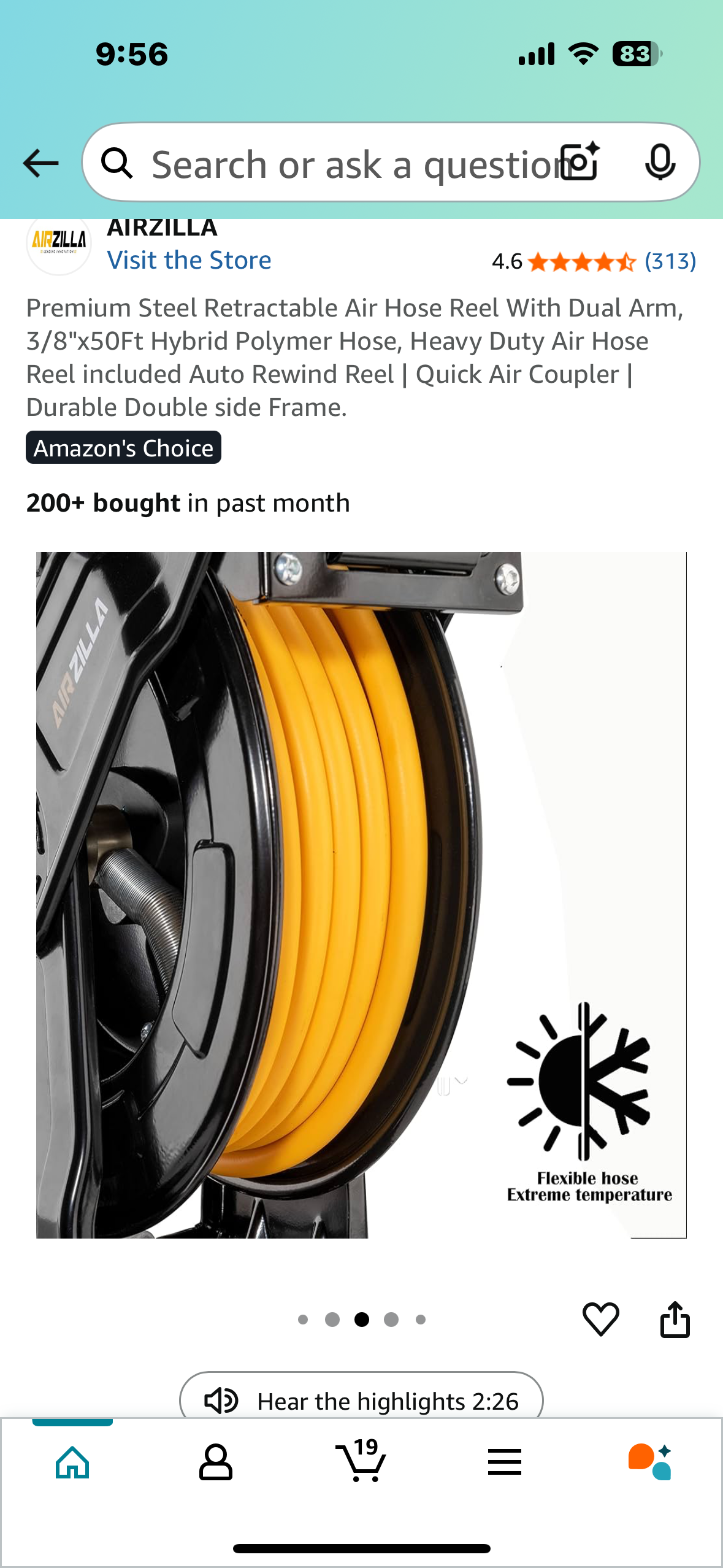 Premium Steel Retractable Air Hose Reel With Dual Arm, 3/8"x50Ft Hybrid Polymer Hose, Auto Rewind Reel, Quick Air Coupler, Durable Double Frame (G817)