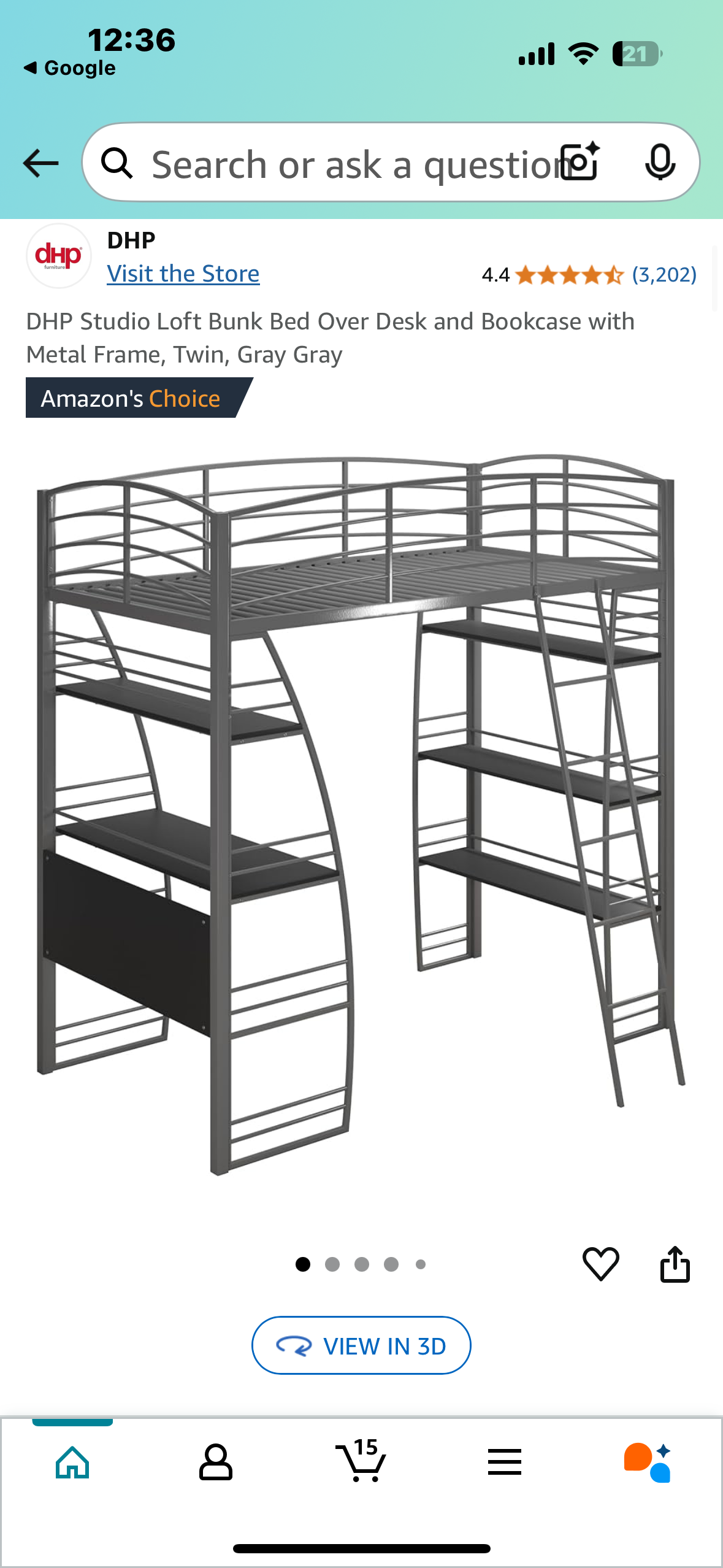 New - DHP Studio Loft Bunk Bed Over Desk and Bookcase with Metal Frame, Twin, Gray Gray (B923)