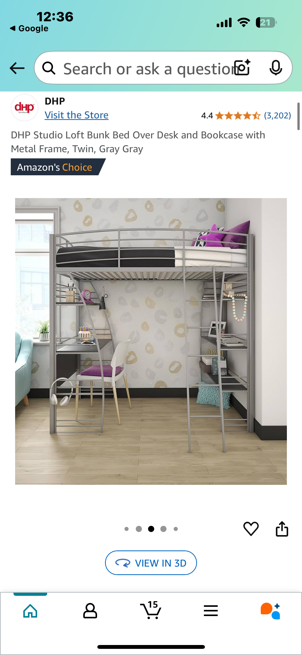 New - DHP Studio Loft Bunk Bed Over Desk and Bookcase with Metal Frame, Twin, Gray Gray (B923)