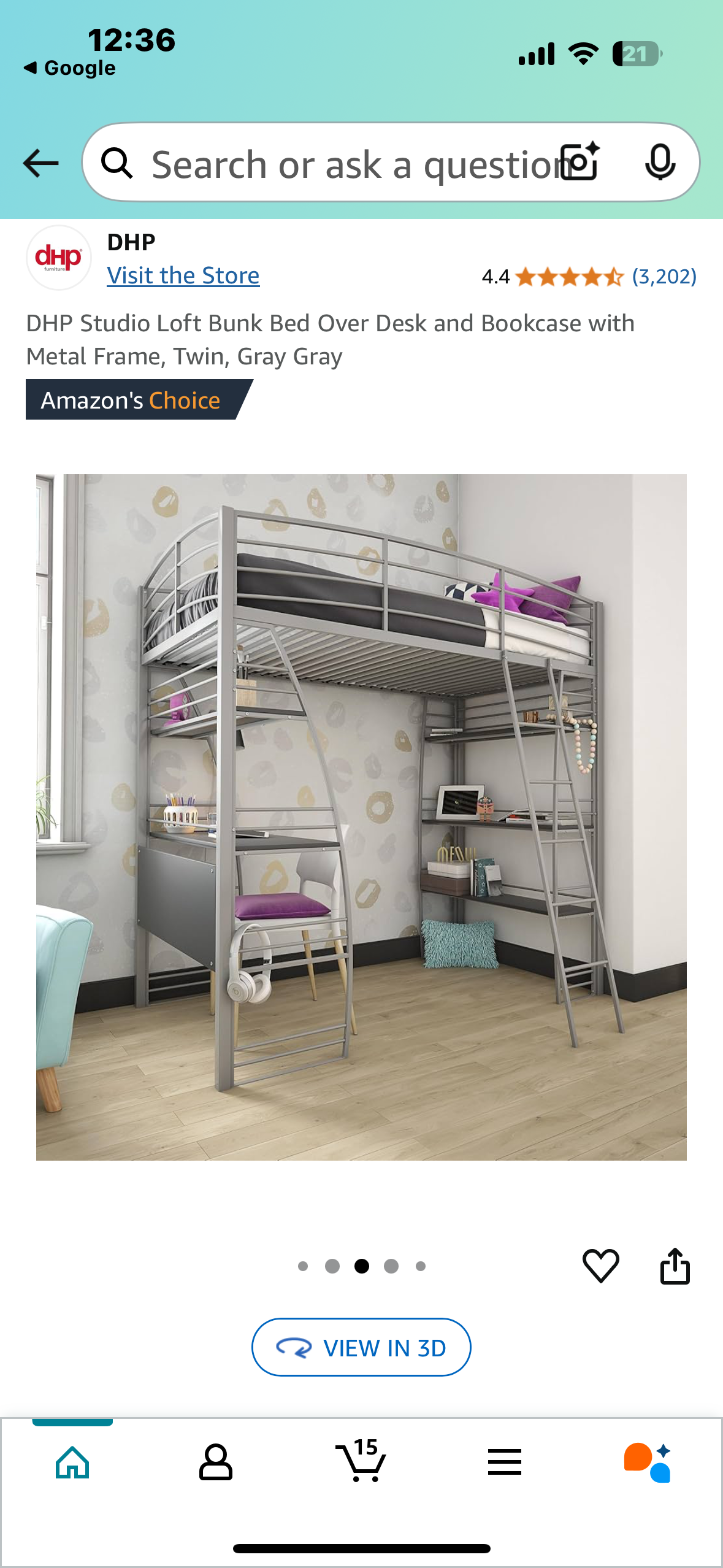 New - DHP Studio Loft Bunk Bed Over Desk and Bookcase with Metal Frame, Twin, Gray Gray (B923)