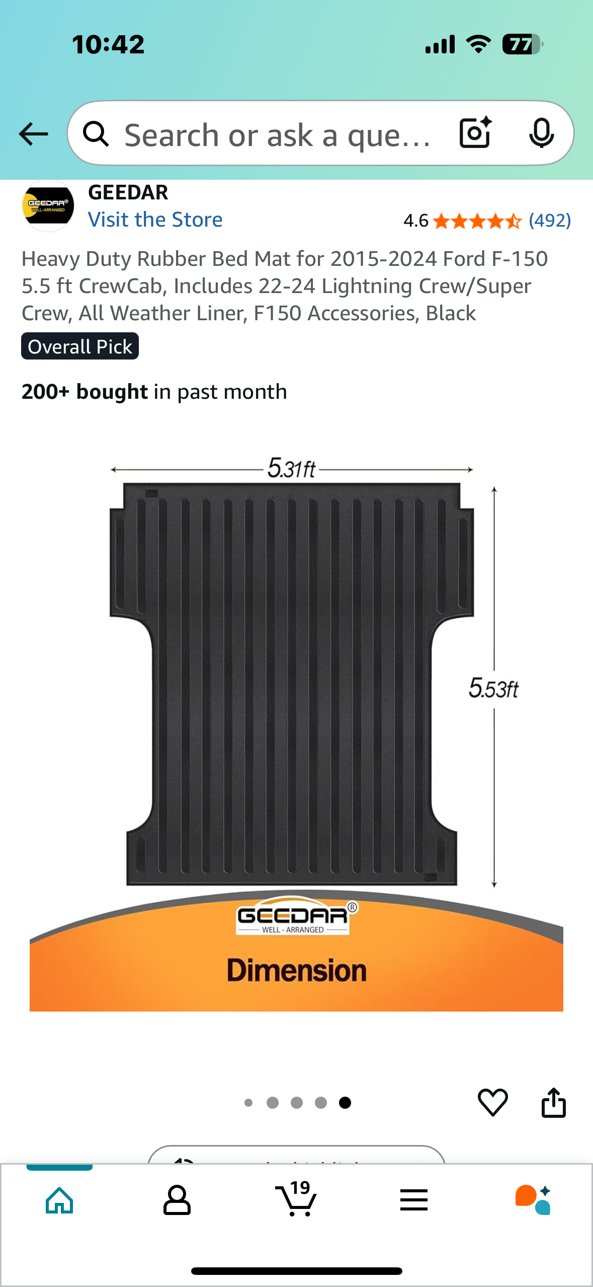 Heavy Duty Rubber Bed Mat for 2015-2024 Ford F-150 5.5, CrewCab, All Weather Liner, Black (G818)