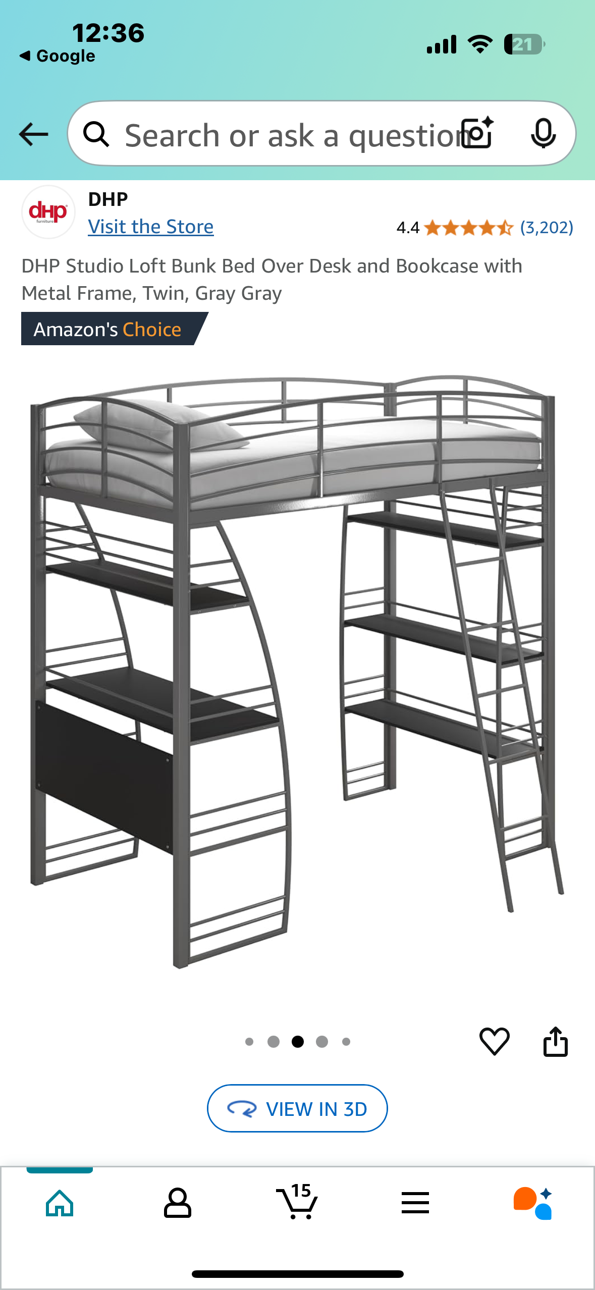 New - DHP Studio Loft Bunk Bed Over Desk and Bookcase with Metal Frame, Twin, Gray Gray (B923)