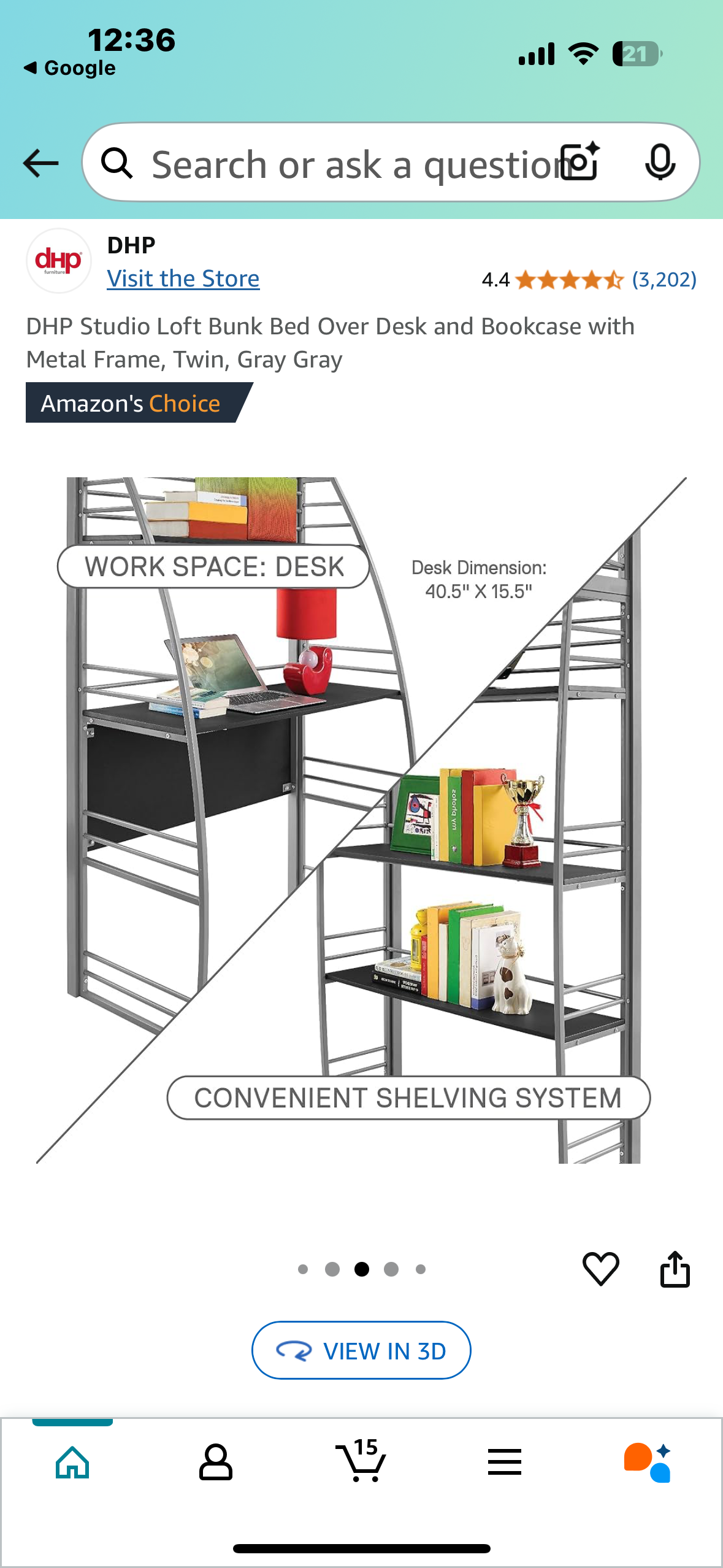New - DHP Studio Loft Bunk Bed Over Desk and Bookcase with Metal Frame, Twin, Gray Gray (B923)
