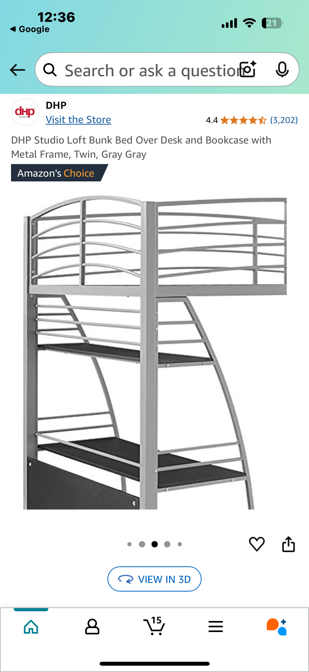 New - DHP Studio Loft Bunk Bed Over Desk and Bookcase with Metal Frame, Twin, Gray Gray (B923)