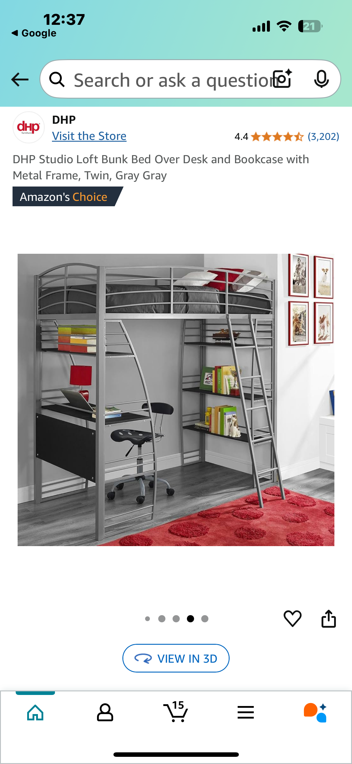 New - DHP Studio Loft Bunk Bed Over Desk and Bookcase with Metal Frame, Twin, Gray Gray (B923)