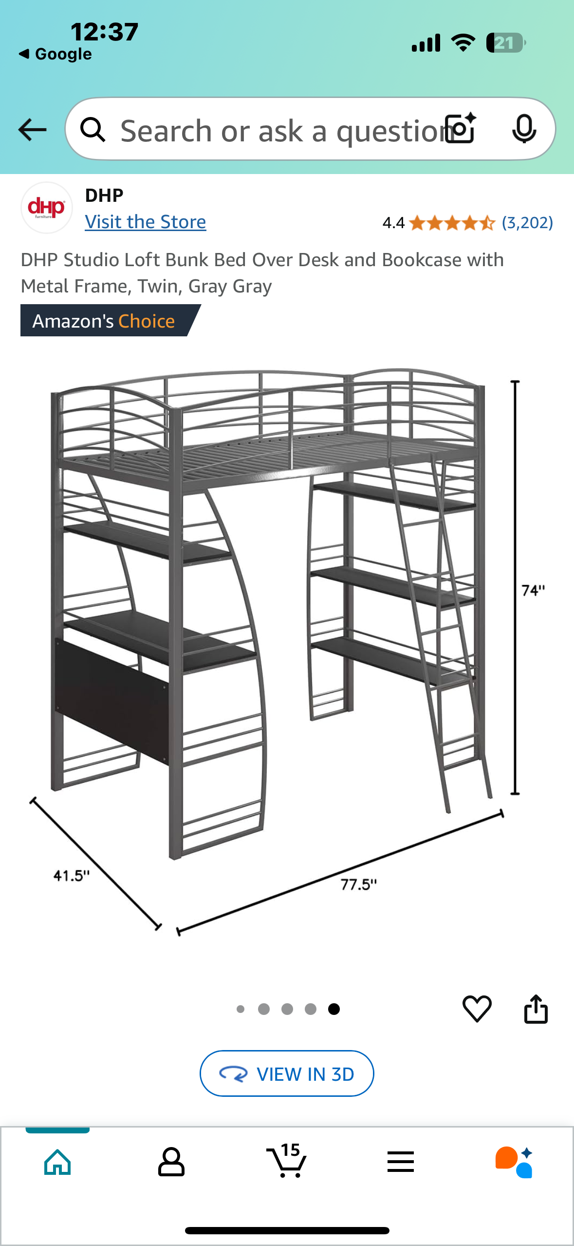 New - DHP Studio Loft Bunk Bed Over Desk and Bookcase with Metal Frame, Twin, Gray Gray (B923)