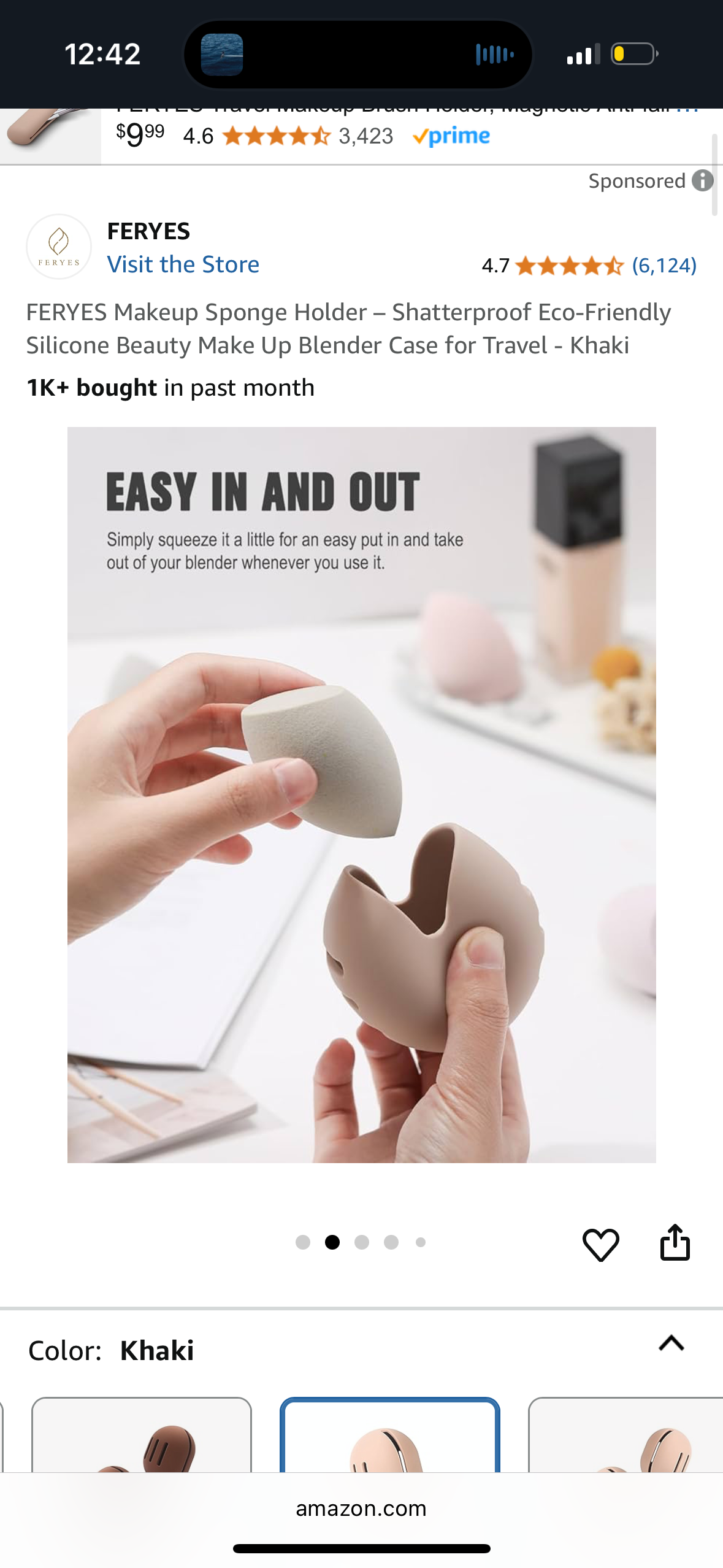 FERYES Makeup Sponge Holder – Shatterproof Eco-Friendly Silicone Beauty Make Up Blender Case for Travel - Khaki