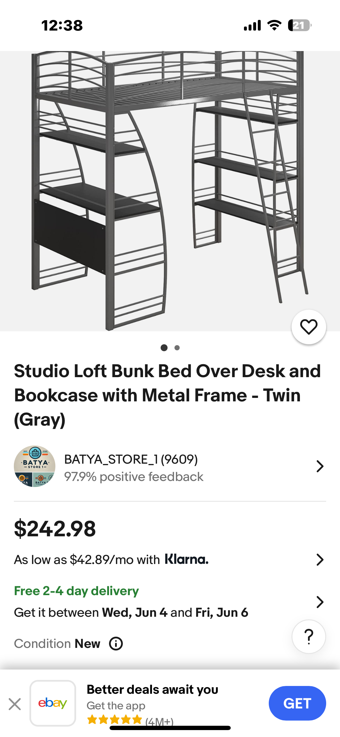 New - DHP Studio Loft Bunk Bed Over Desk and Bookcase with Metal Frame, Twin, Gray Gray (B923)