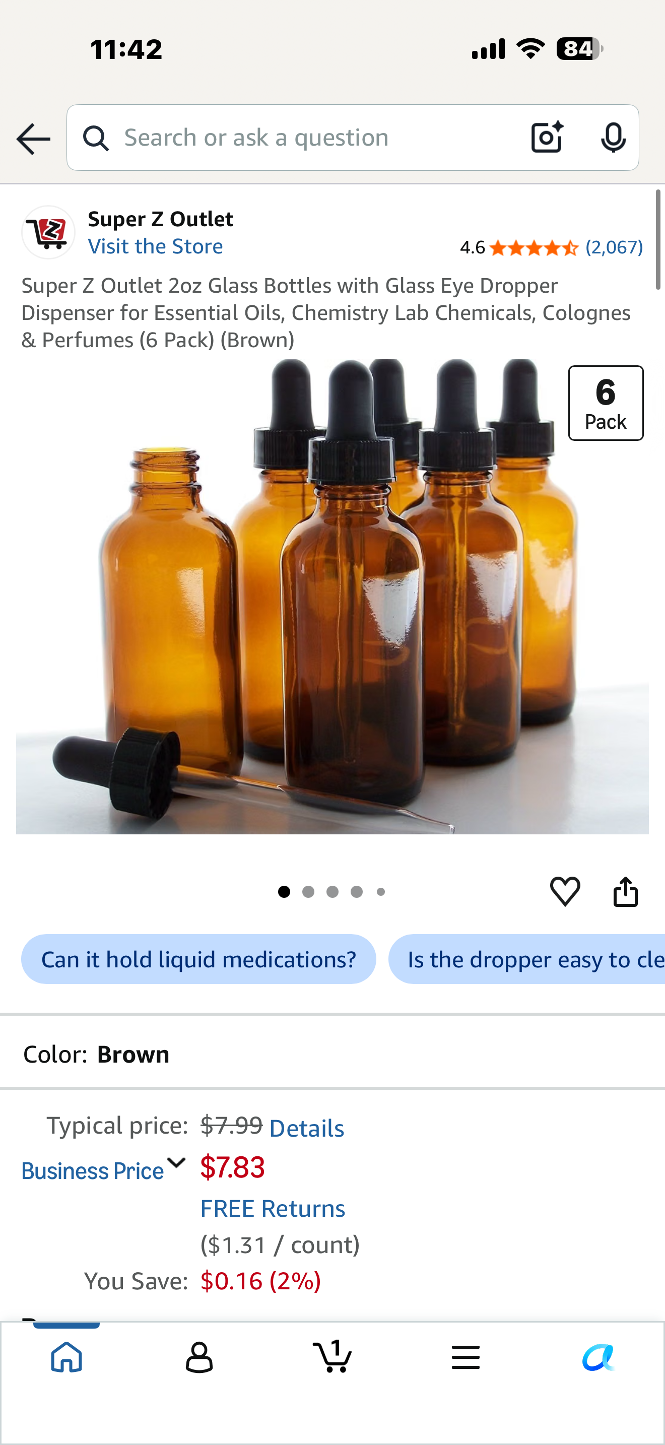 Super Z Outlet 2oz Glass Bottles with Glass Eye Dropper Dispenser for Essential Oils, Chemistry Lab Chemicals, Colognes & Perfumes (6 Pack) (Brown)