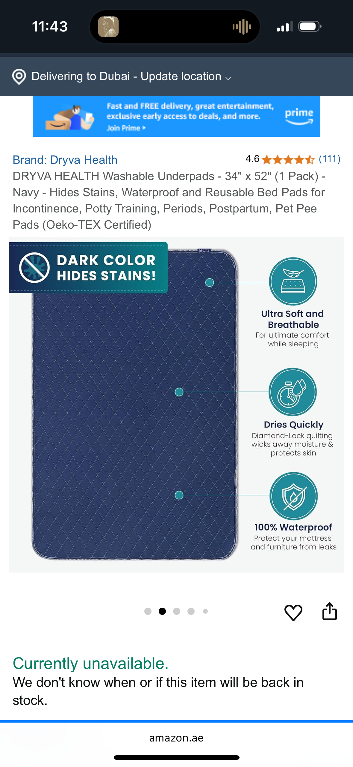 DRYVA HEALTH Washable Underpads - 34" x 52" (1 Pack) - Navy - Hides Stains, Waterproof and Reusable Bed Pads for Incontinence, Potty Training, Periods, Postpartum, Pet Pee Pads (Oeko-TEX Certified)