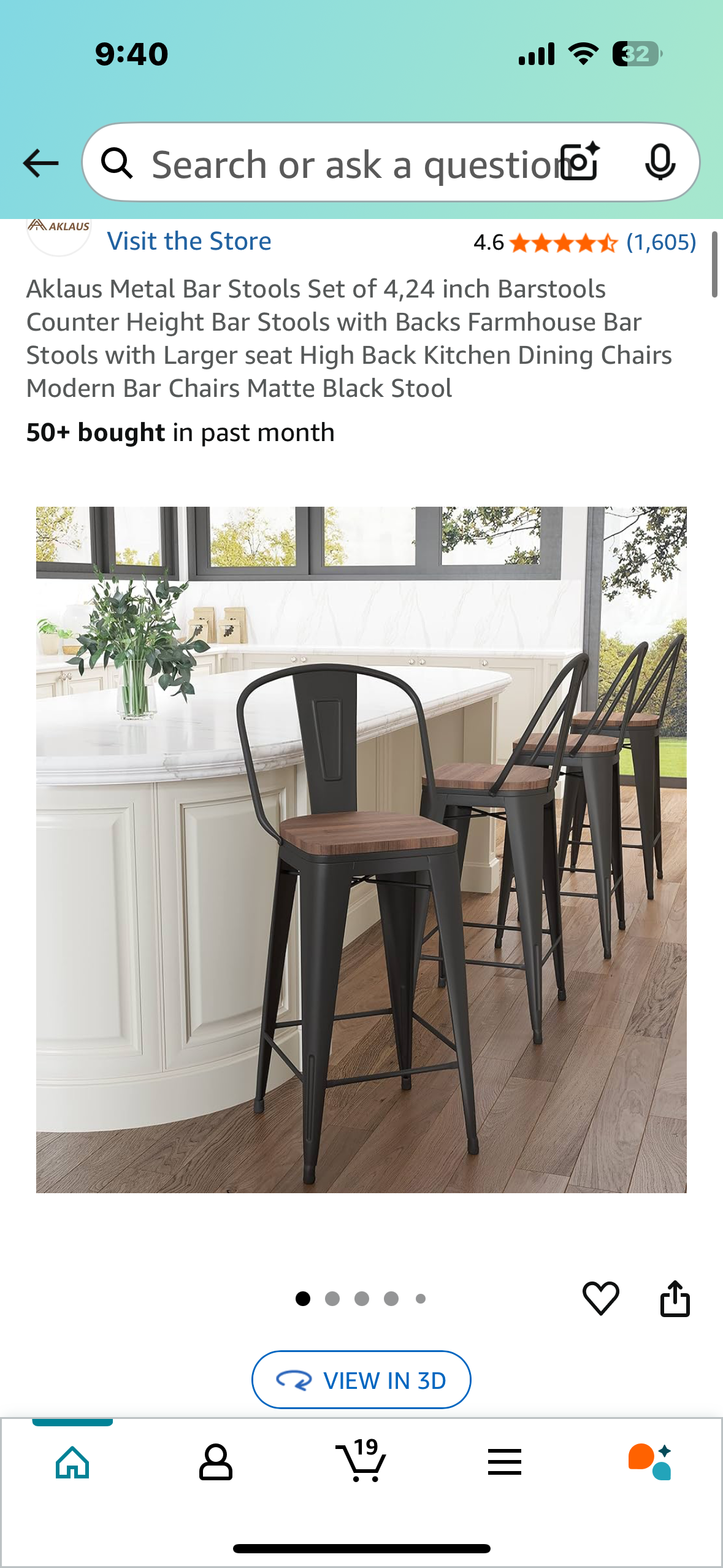 Metal Bar Stools Set of 4, 24” Barstools Counter, Height with Backs, Farmhouse Bar Stools, Matte Black Stool (L955)
