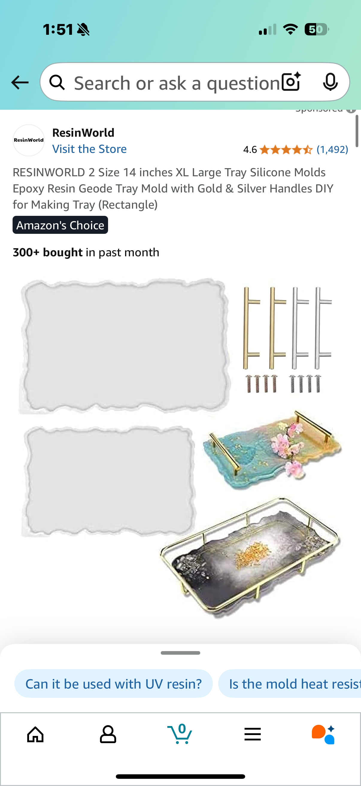 RESINWORLD 2 Size 14 inches XL Large Tray Silicone Molds Epoxy Resin Geode Tray Mold with Gold & Silver Handles DIY for Making Tray (Rectangle)