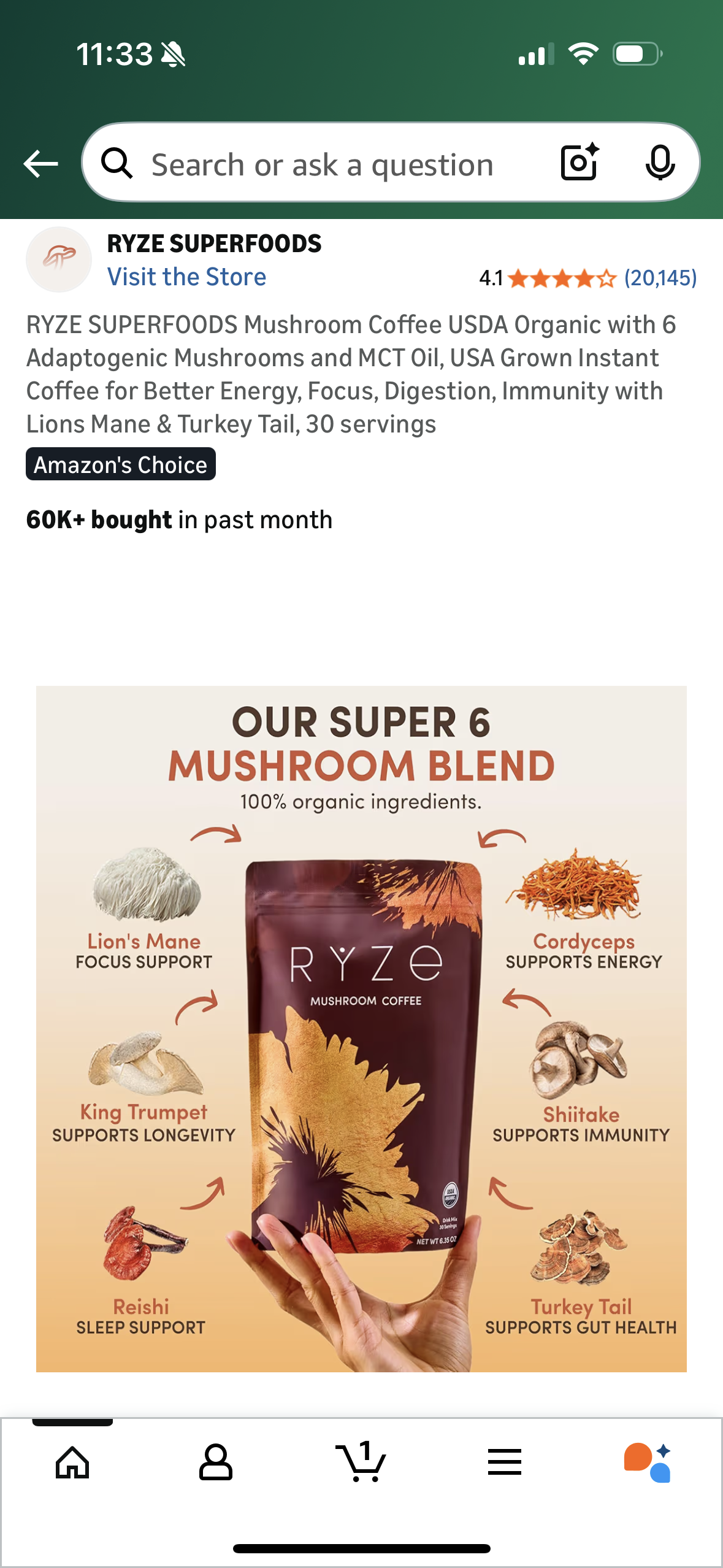 RYZE SUPERFOODS Mushroom Coffee USDA Organic with 6 Adaptogenic Mushrooms and MCT Oil, USA Grown Instant Coffee for Better Energy, Focus, Digestion, Immunity with Lions Mane & Turkey Tail, 30 servings