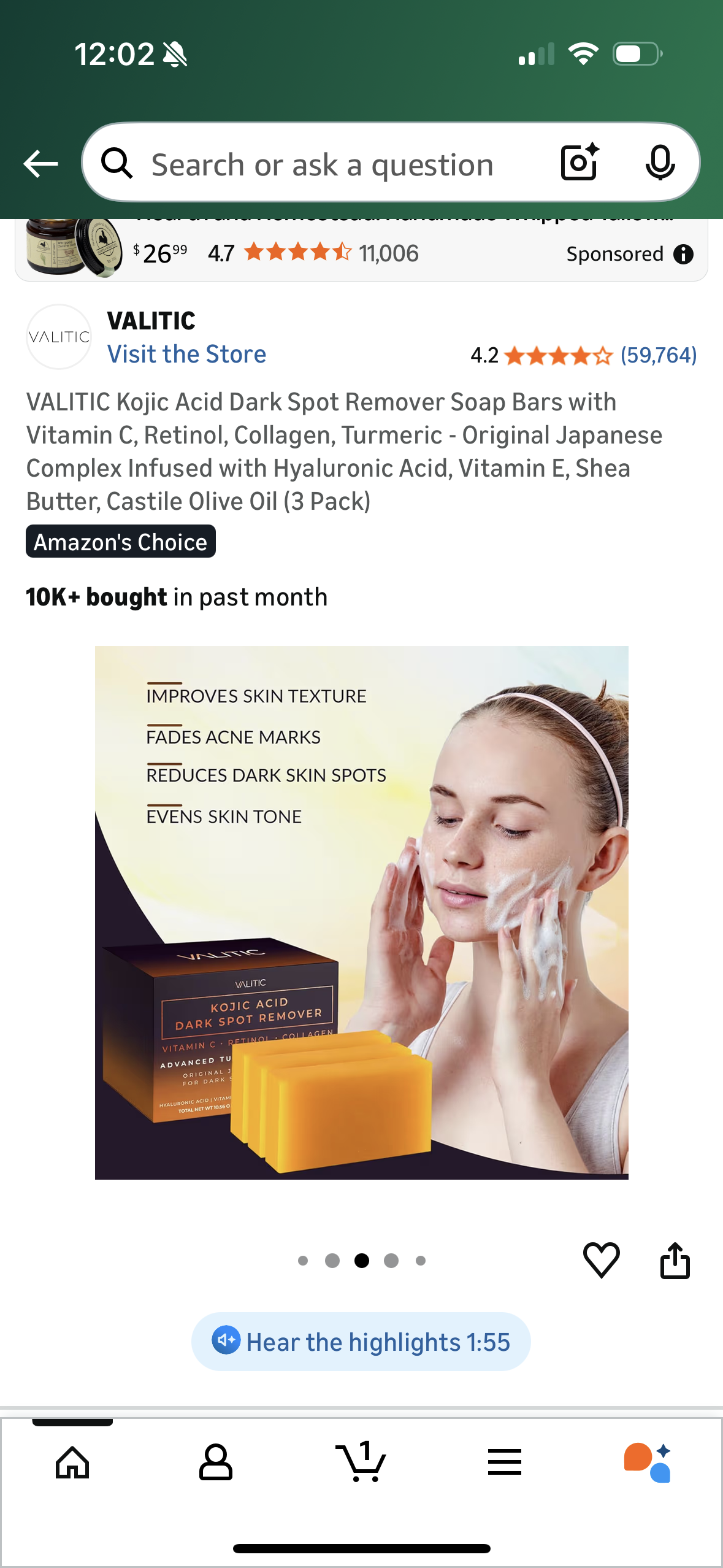 VALITIC Kojic Acid Dark Spot Remover Soap Bars with Vitamin C, Retinol, Collagen, Turmeric - Original Japanese Complex Infused with Hyaluronic Acid, Vitamin E, Shea Butter, Castile Olive Oil
