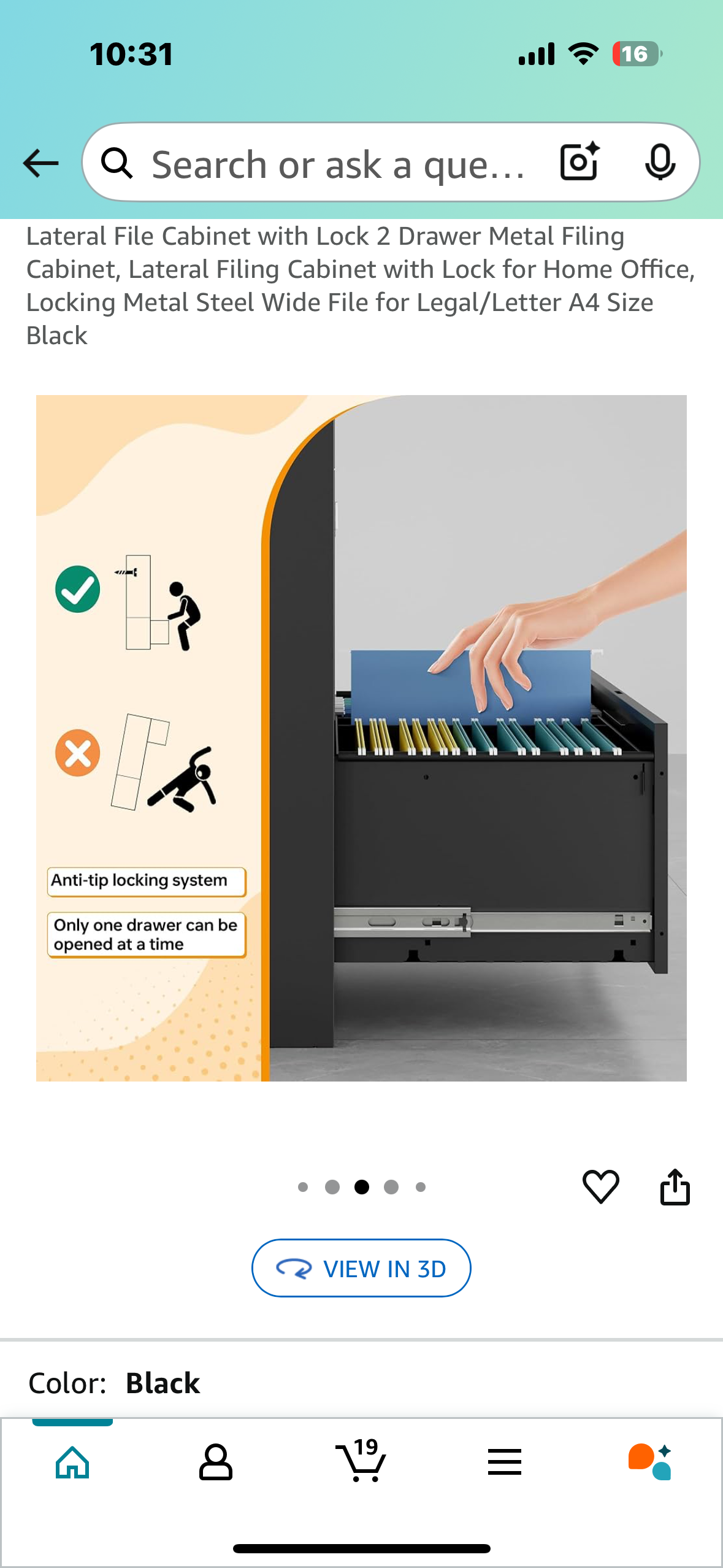 Lateral File Cabinet with Lock,2 Drawer Metal Filing Cabinet for Home, Office, Wide File for Legal/Letter A4 Size Black (O427)