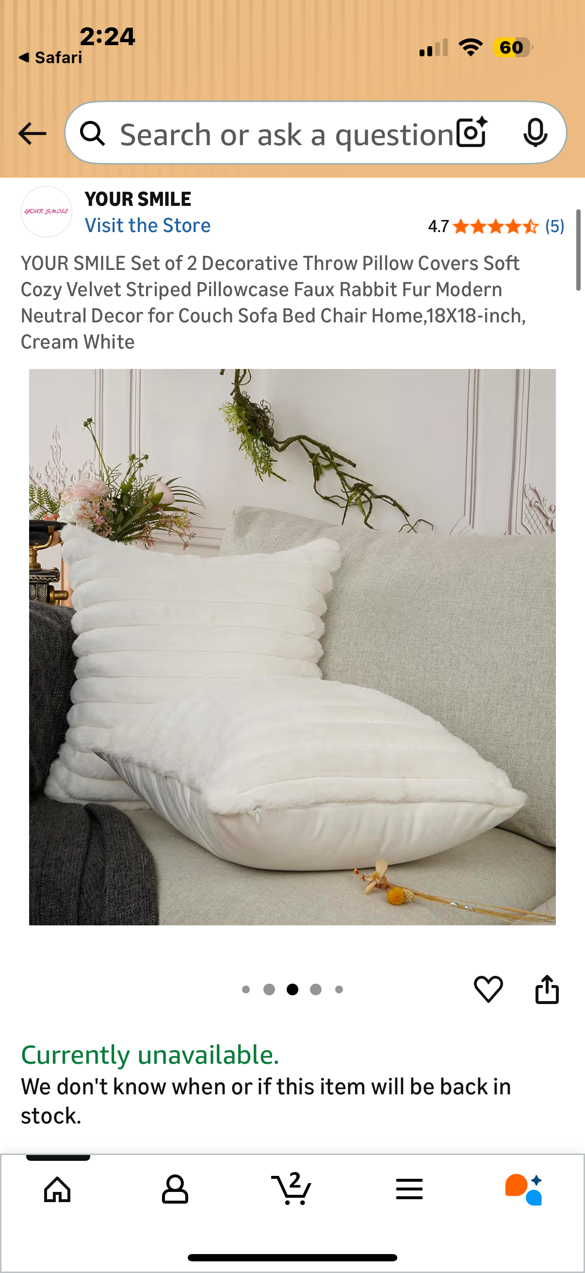 Set of 2 Decorative Throw Pillow Covers Soft Cozy Velvet Striped Pillowcase Faux Rabbit Fur Modern Neutral Decor for Couch Sofa Bed Chair Home,18X18-inch, Cream White