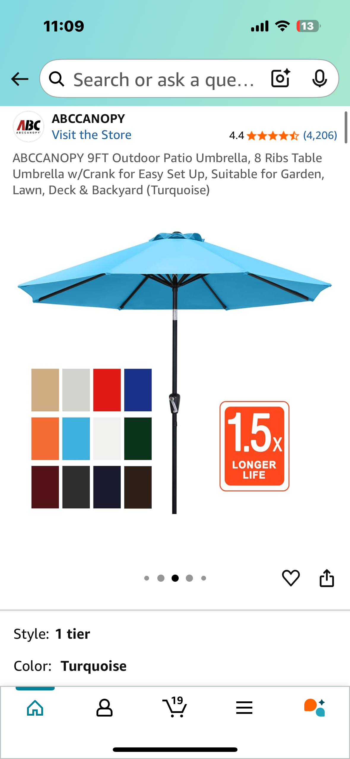ABCCANOPY 9FT Outdoor Patio Umbrella, 8 Ribs Table Umbrella w/Crank for Easy Set Up, Suitable for Garden, Lawn, Deck & Backyard (Turquoise) (G819)