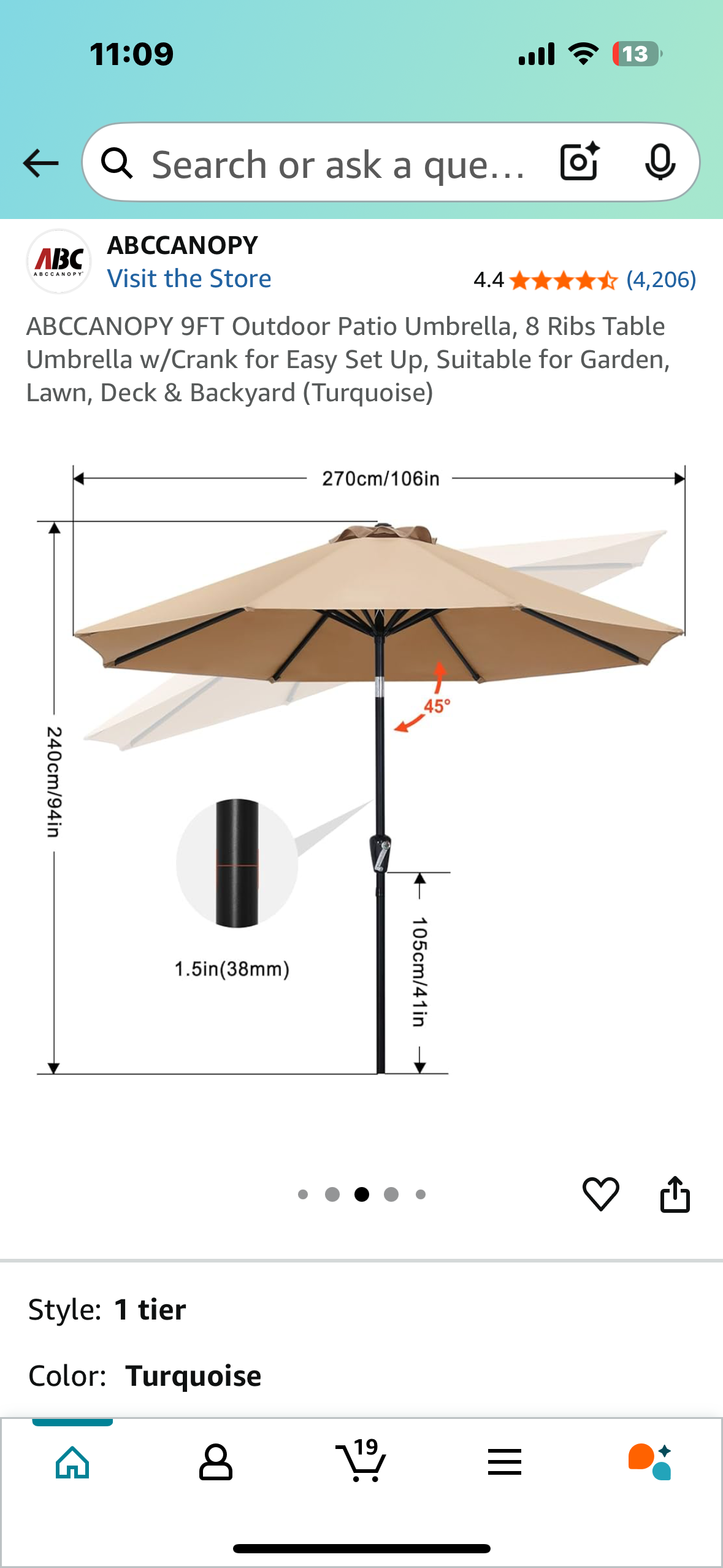 ABCCANOPY 9FT Outdoor Patio Umbrella, 8 Ribs Table Umbrella w/Crank for Easy Set Up, Suitable for Garden, Lawn, Deck & Backyard (Turquoise) (G819)