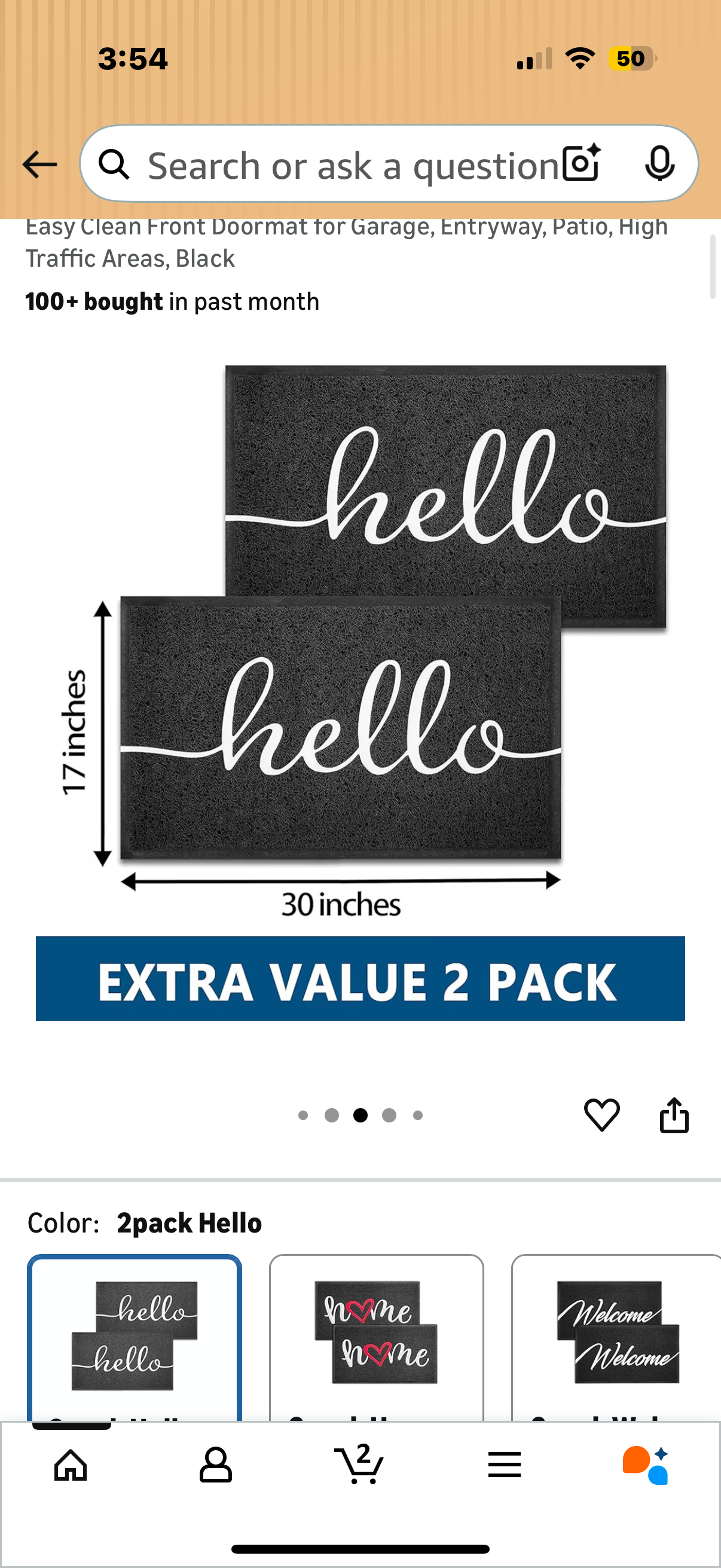 EARTHALL Door Mat 2-Pack Outside Inside Hello Doormat 30"x17.5" Durable Floor Mat Non Slip Mat Ultra Absorb Mud Easy Clean Front Doormat for Garage, Entryway, Patio, High Traffic Areas, Black