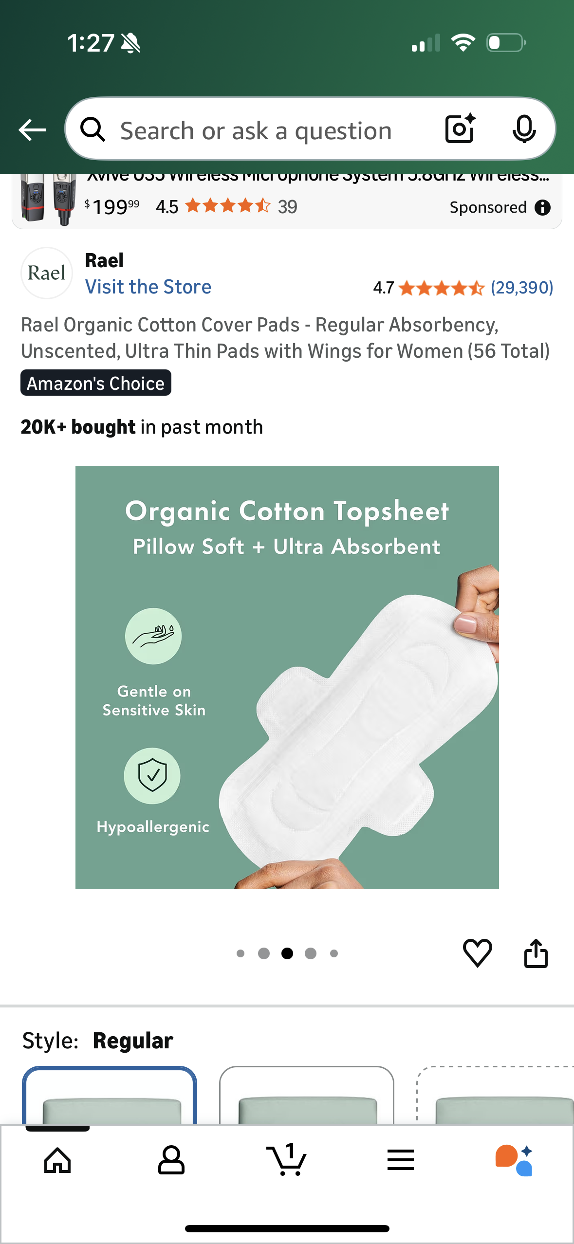 Rael Organic Cotton Cover Pads - Regular Absorbency, Unscented, Ultra Thin Pads with Wings for Women (56 Total)