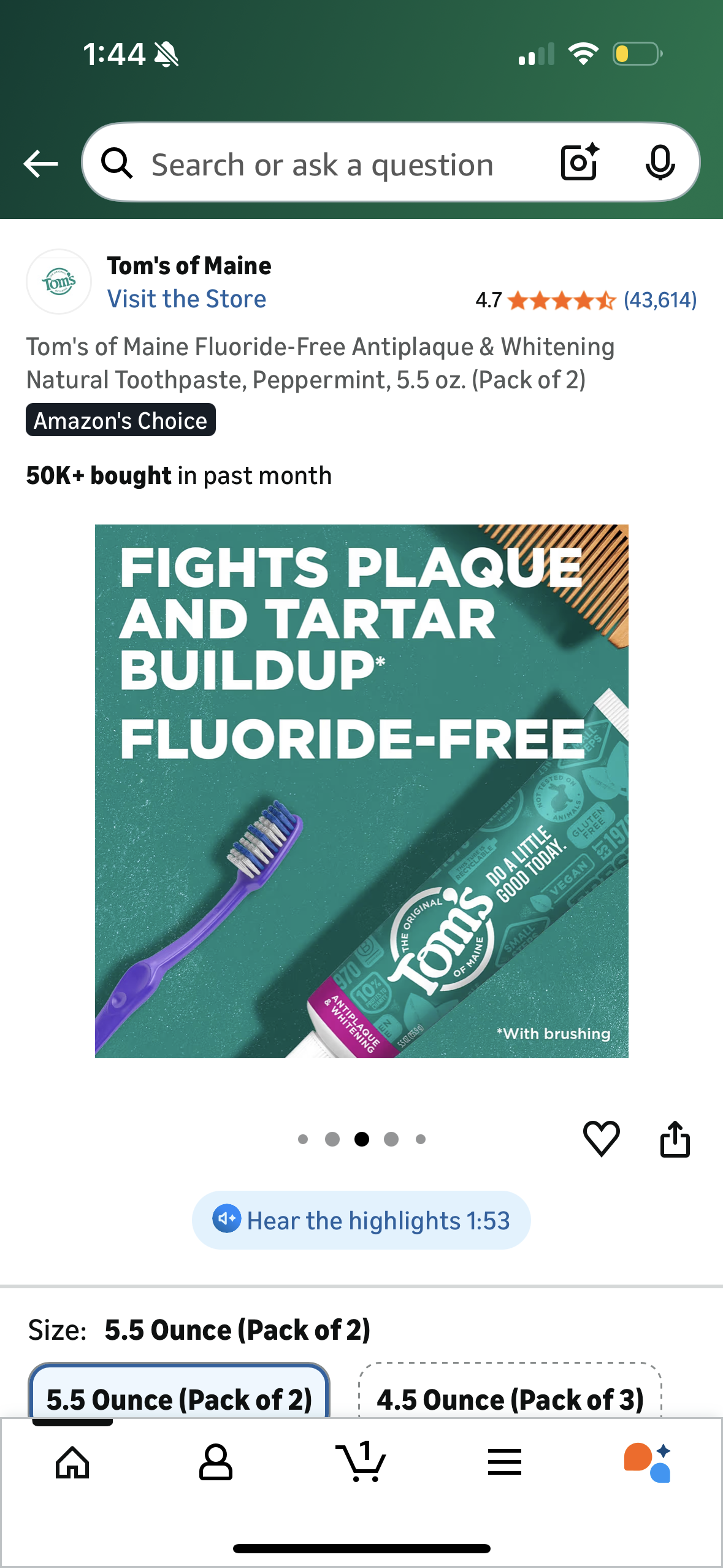 Tom's of Maine Fluoride-Free Antiplaque & Whitening Natural Toothpaste, Peppermint, 5.5 oz. (Pack of 2)