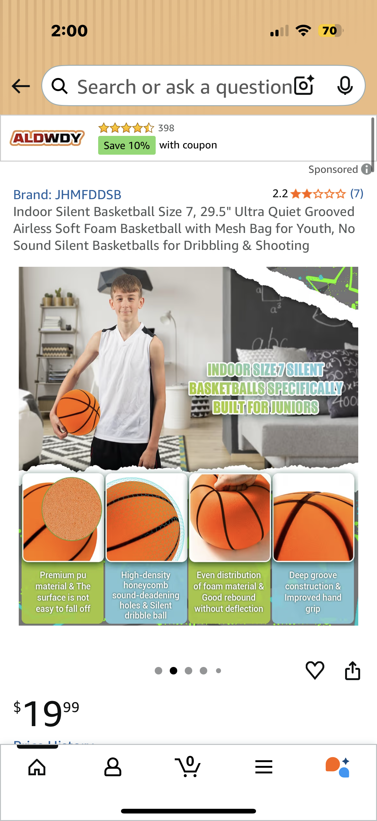 Indoor Silent Basketball Size 7, 29.5" Ultra Quiet Grooved Airless Soft Foam Basketball with Mesh Bag for Youth, No Sound Silent Basketballs for Dribbling & Shooting