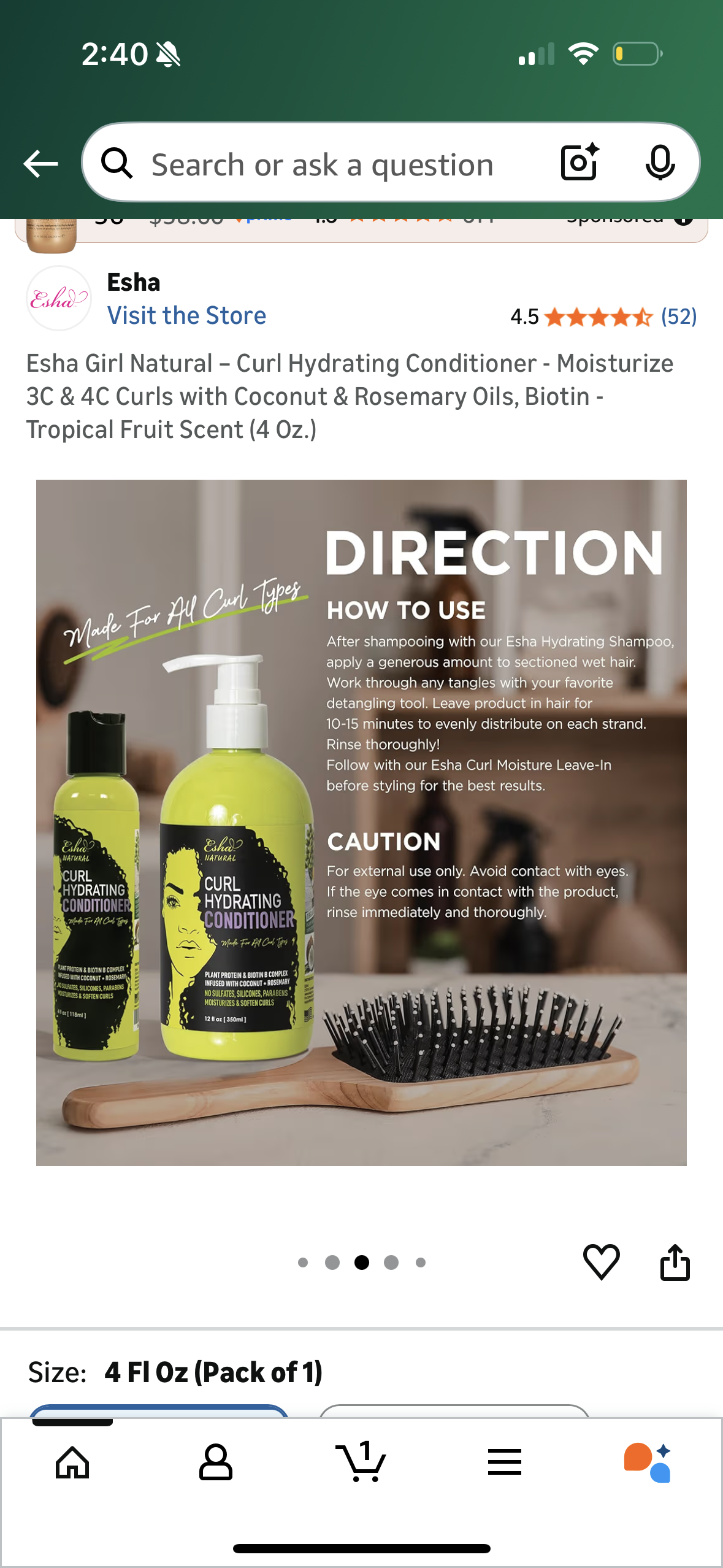 Esha Girl Natural – Curl Hydrating Conditioner - Moisturize 3C & 4C Curls with Coconut & Rosemary Oils, Biotin - Tropical Fruit Scent (4 Oz.)