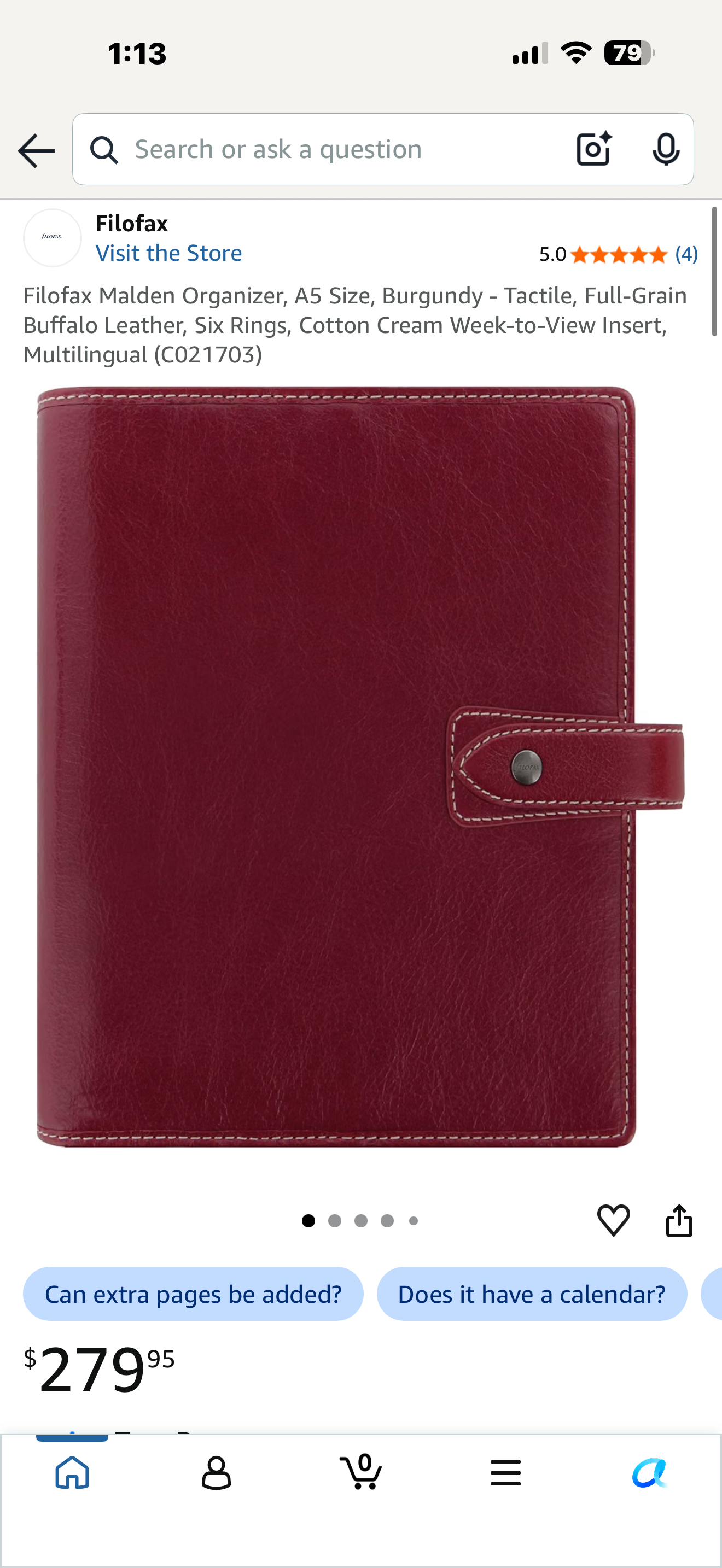 Filofax Malden Organizer, A5 Size, Burgundy - Tactile, Full-Grain Buffalo Leather, Six Rings, Cotton Cream Week-to-View Insert, Multilingual (C021703