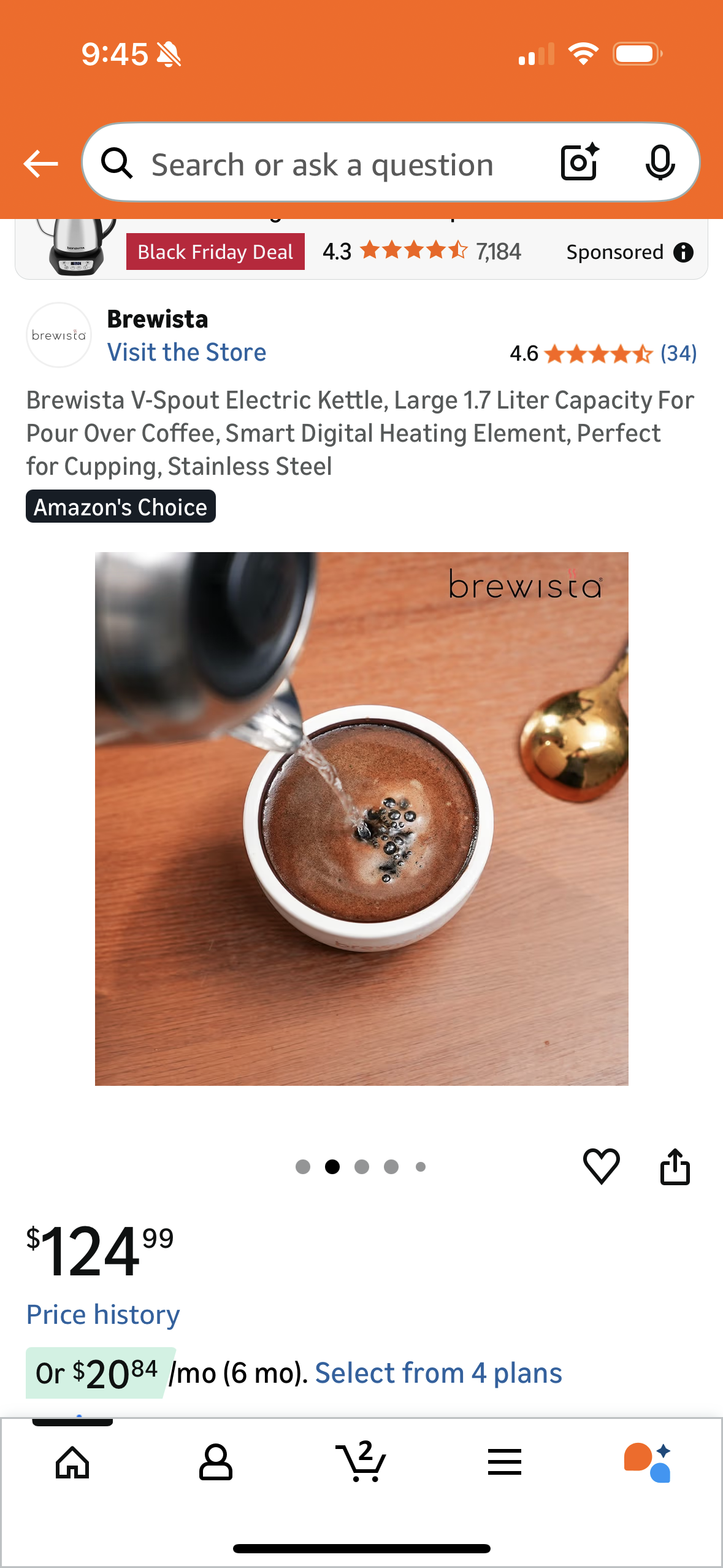 Brewista V-Spout Electric Kettle, Large 1.7 Liter Capacity For Pour Over Coffee, Smart Digital Heating Element, Perfect for Cupping, Stainless Steel
