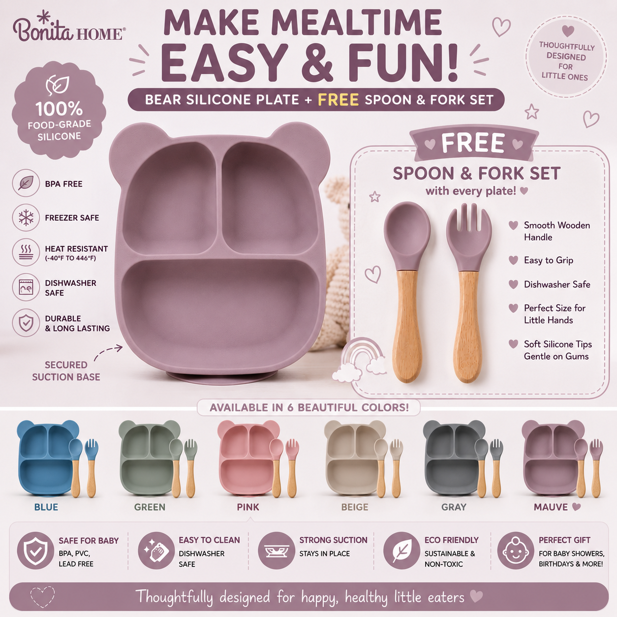 Bonita Home Bear Silicone Suction Divided Plate (Mauve) with FREE Spoon and Fork Set