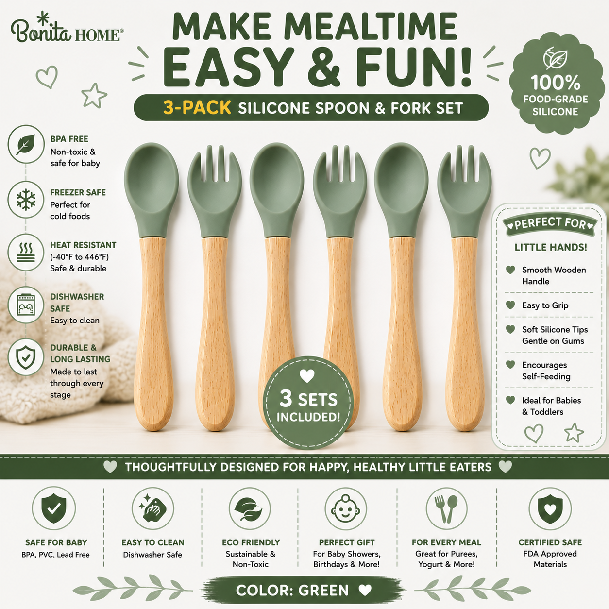 Bonita Home 3 Sets of Forks and Spoons (Green)
