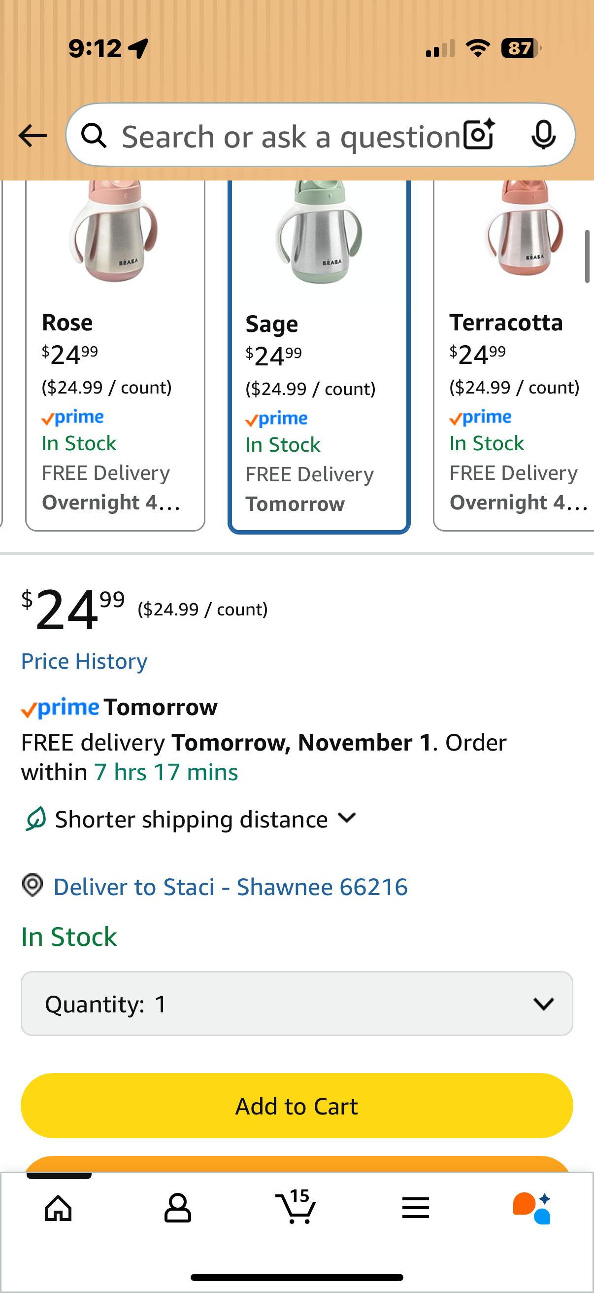 Beaba Stainless Steel Straw Sippy Cup, Insulated Toddler Cups Spill Proof with Removable Handles, Made with High Grade Stainless Steel, 8+ Months, 8 oz (250mL), (Sage