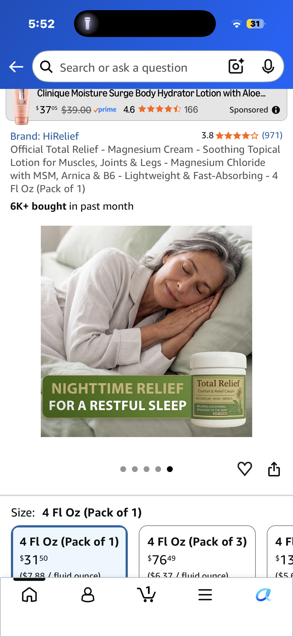 Official Total Relief - Magnesium Cream - Soothing Topical Lotion for Muscles, Joints & Legs - Magnesium Chloride with MSM, Arnica & B6 - Lightweight & Fast-Absorbing - 4 Fl Oz (Pack of 1