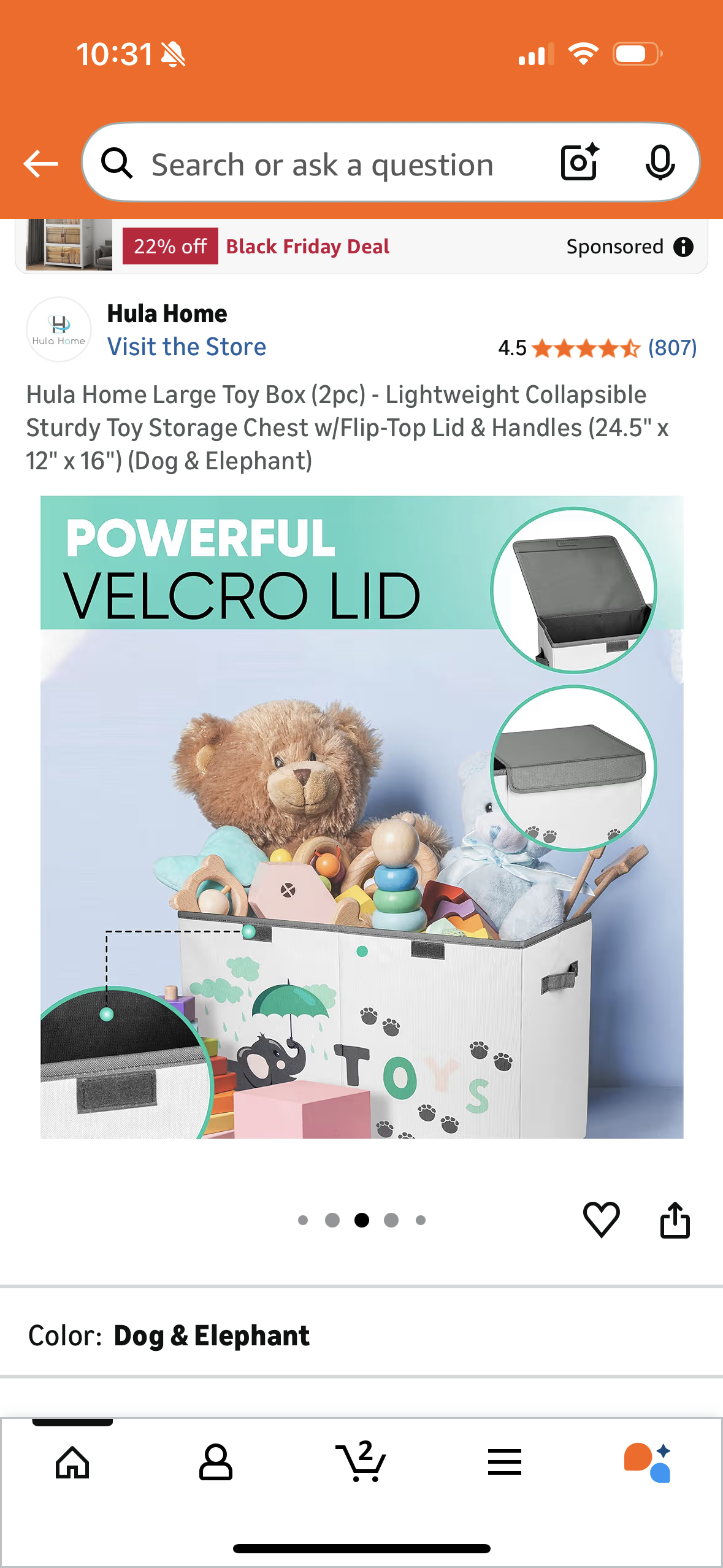 Hula Home Large Toy Box (2pc) - Lightweight Collapsible Sturdy Toy Storage Chest w/Flip-Top Lid & Handles (24.5" x 12" x 16") (Dog & Elephant)