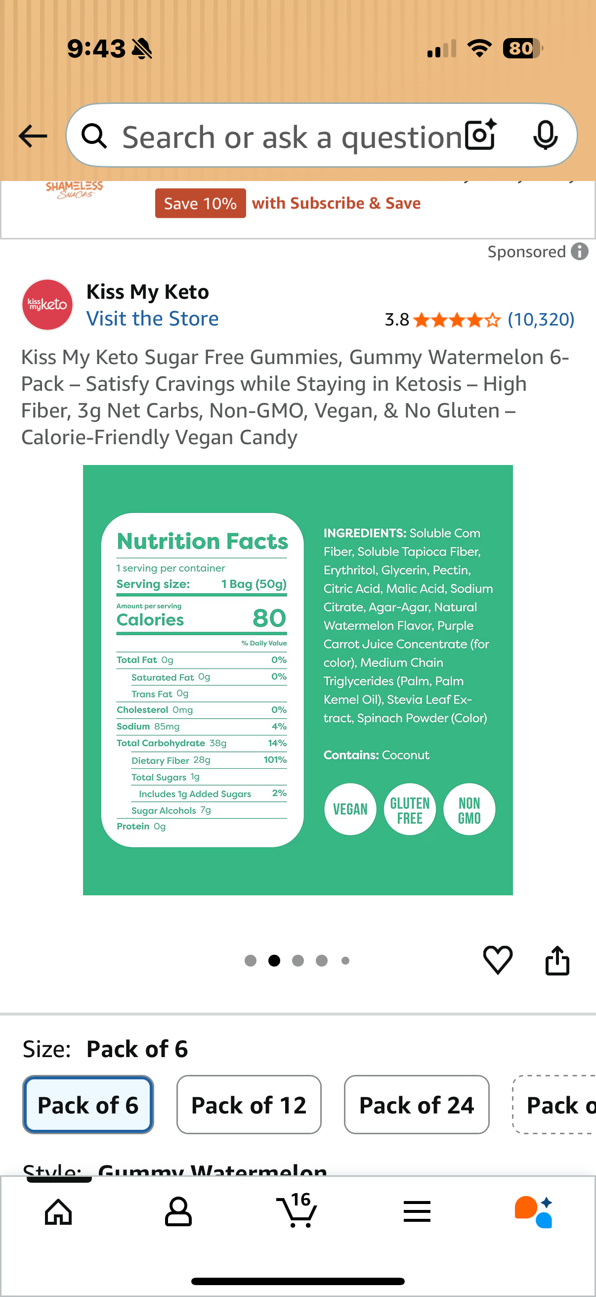 Kiss My Keto Sugar Free Gummies, Gummy Watermelon 6-Pack – Satisfy Cravings while Staying in Ketosis – High Fiber, 3g Net Carbs, Non-GMO, Vegan, & No Gluten – Calorie-Friendly Vegan Candy