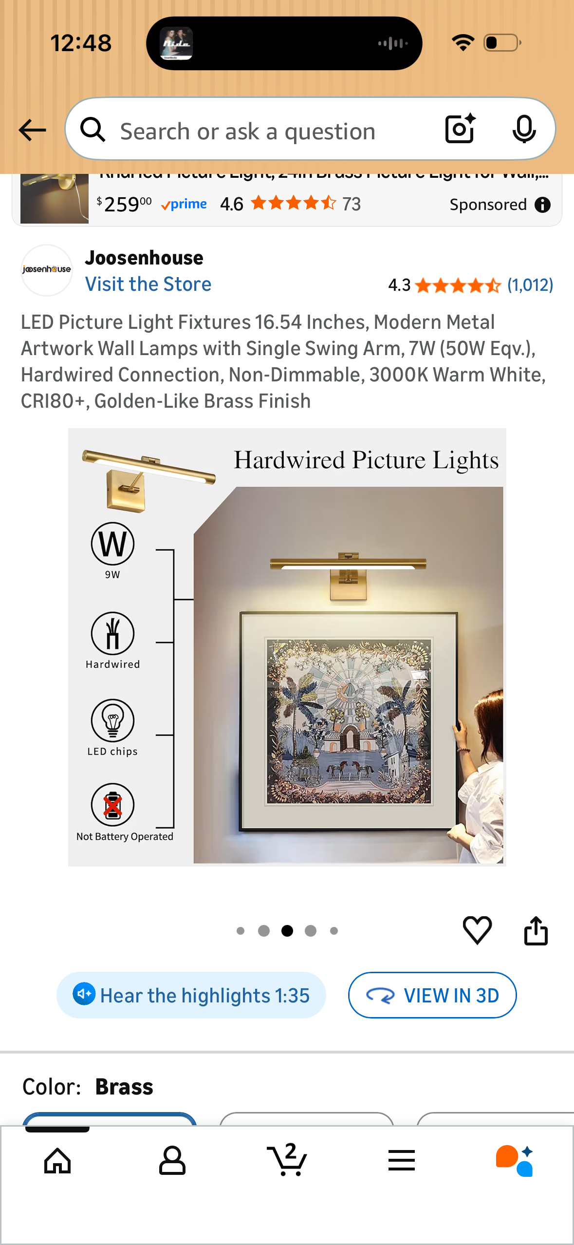 LED Picture Light Fixtures 16.54 Inches, Modern Metal Artwork Wall Lamps with Single Swing Arm, 7W (50W Eqv.), Hardwired Connection, Non-Dimmable, 3000K Warm White, CRI80+, Golden-Like Brass Finish