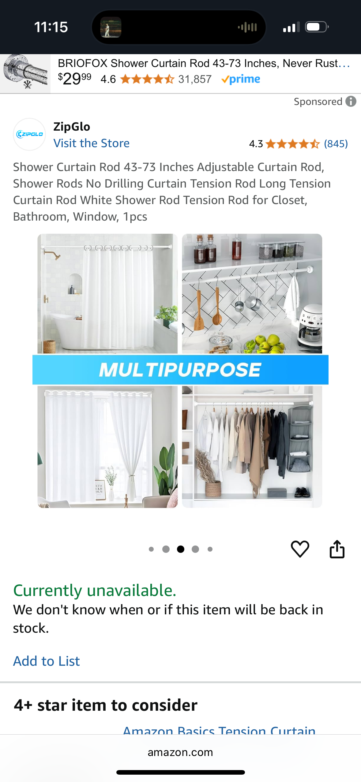 Shower Curtain Rod 43-73 Inches Adjustable Curtain Rod, *GOLD* Tension Curtain Rod White Shower Rod Tension Rod for Closet, Bathroom, Window, 1pcs