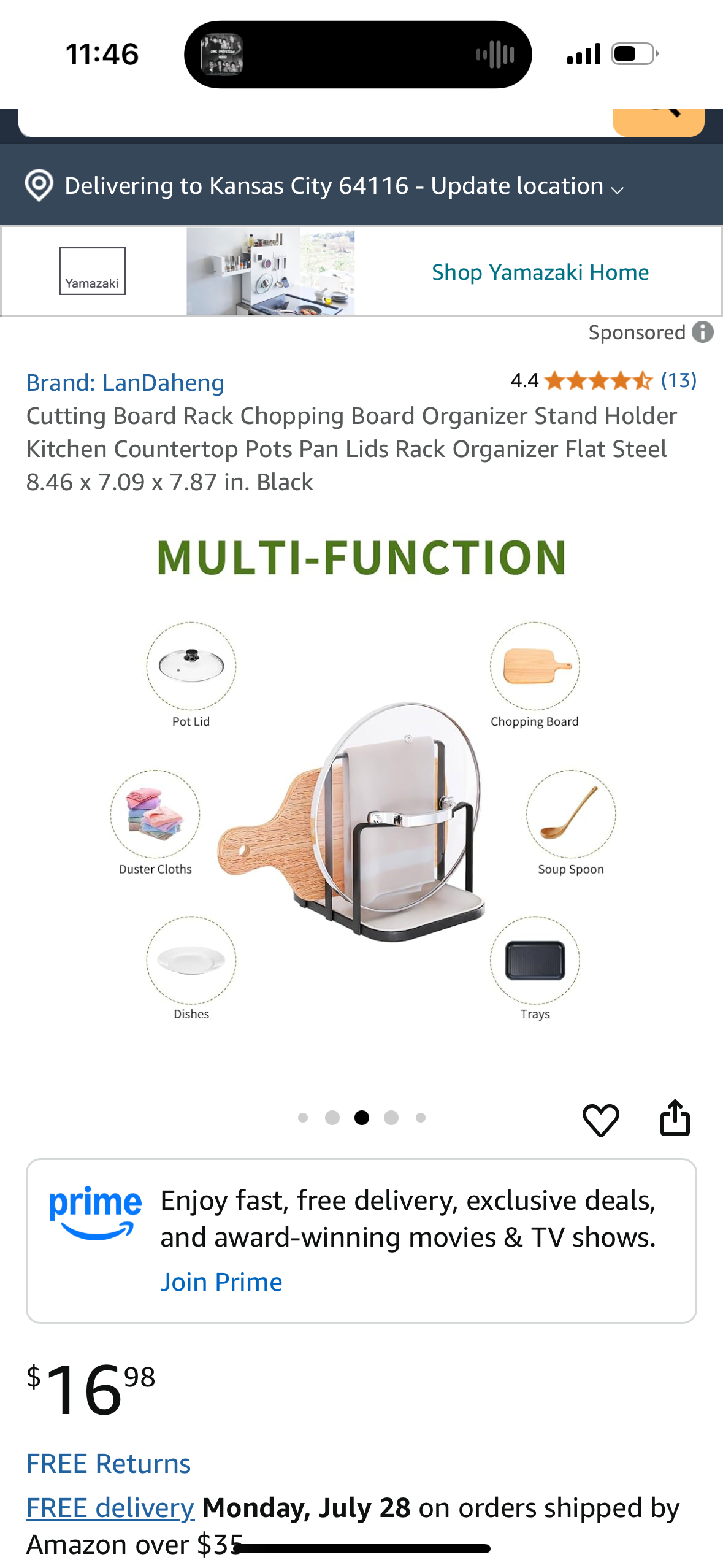 Cutting Board Rack Chopping Board Organizer Stand Holder Kitchen Countertop Pots Pan Lids Rack Organizer Flat Steel 8.46 x 7.09 x 7.87 in. Black