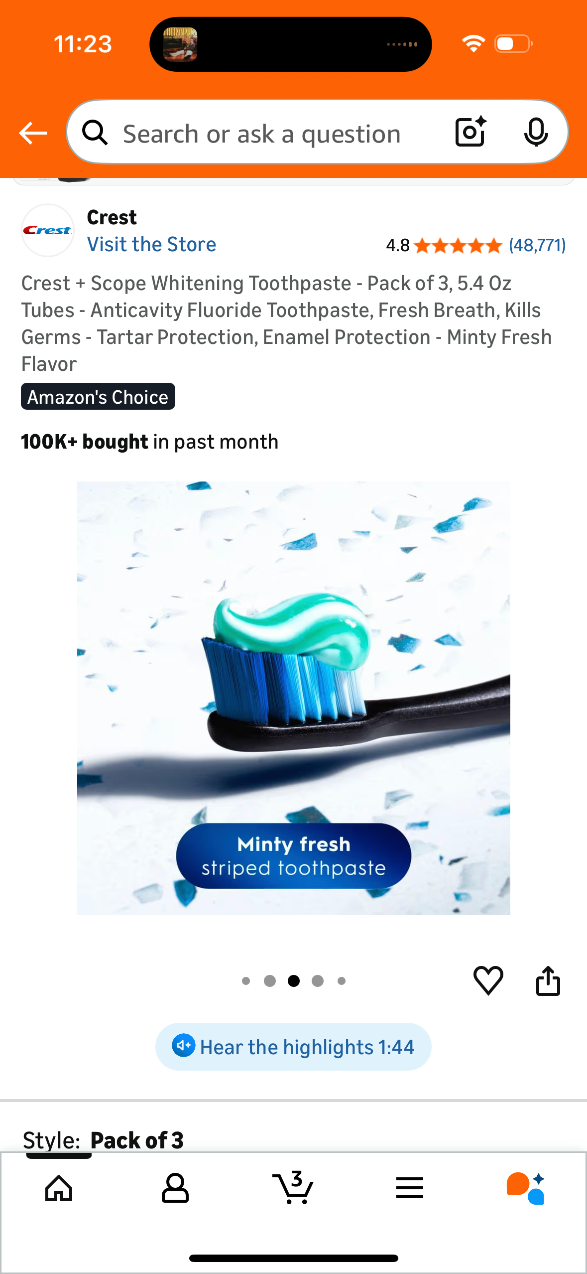 Crest + Scope Whitening Toothpaste - Pack of 3, 5.4 Oz Tubes - Anticavity Fluoride Toothpaste, Fresh Breath, Kills Germs - Tartar Protection, Enamel Protection - Minty Fresh Flavor