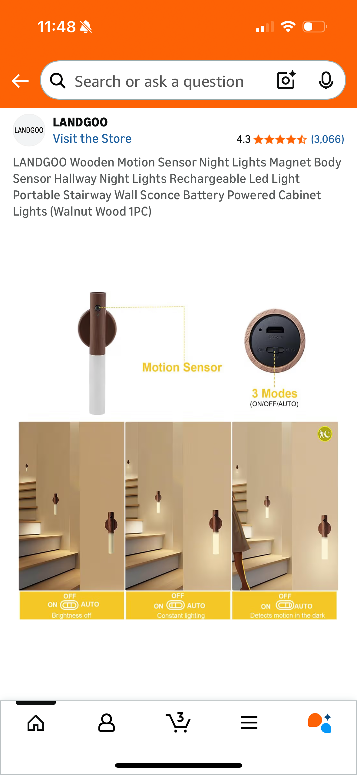 LANDGOO Wooden Motion Sensor Night Lights Magnet Body Sensor Hallway Night Lights Rechargeable Led Light Portable Stairway Wall Sconce Battery Powered Cabinet Lights (Walnut Wood 1PC)