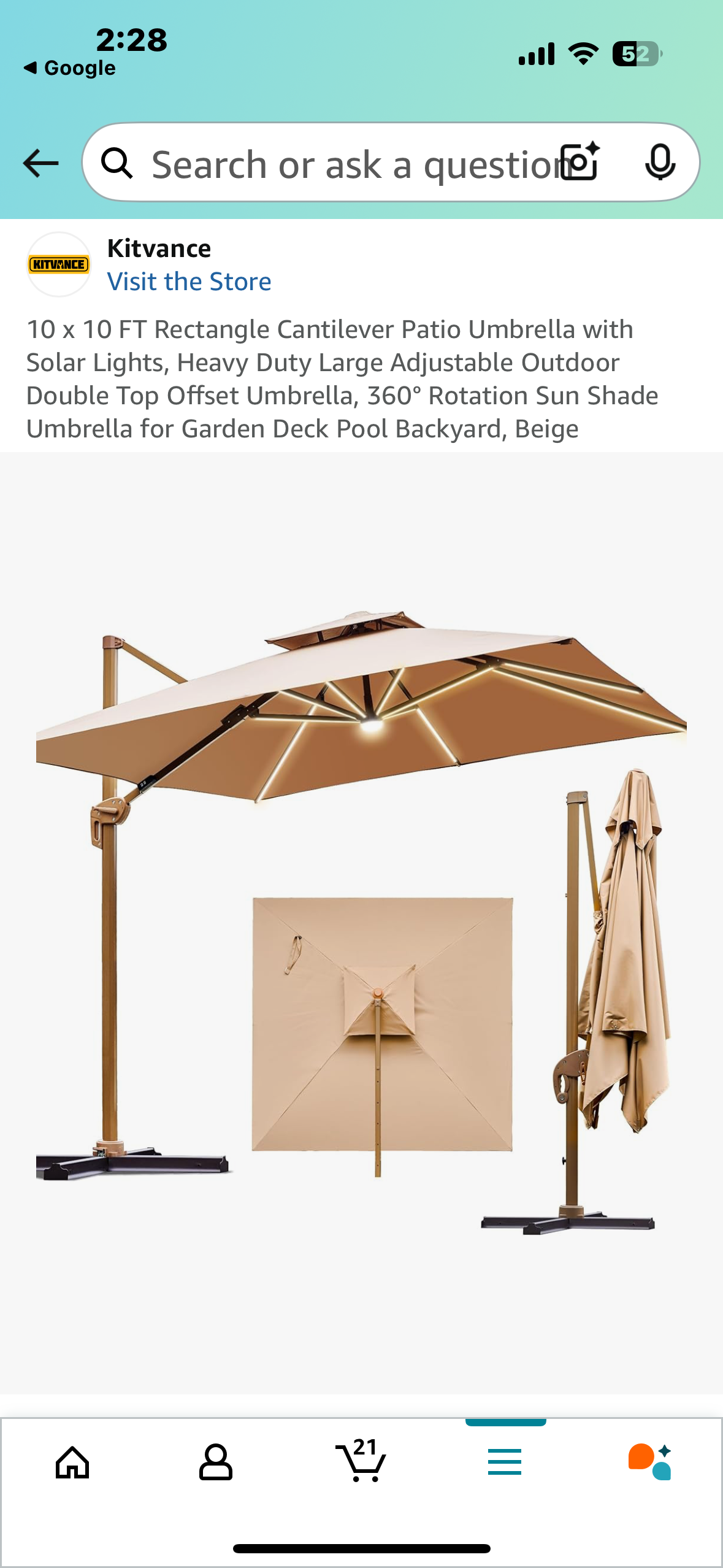 10 x 10 FT Rectangle Cantilever Patio Umbrella with Solar Lights, Heavy Duty Large Adjustable Outdoor Double Top Offset Umbrella, 360° Rotation Sun Shade Umbrella for Garden Deck Pool Backyard, Beige (G823)