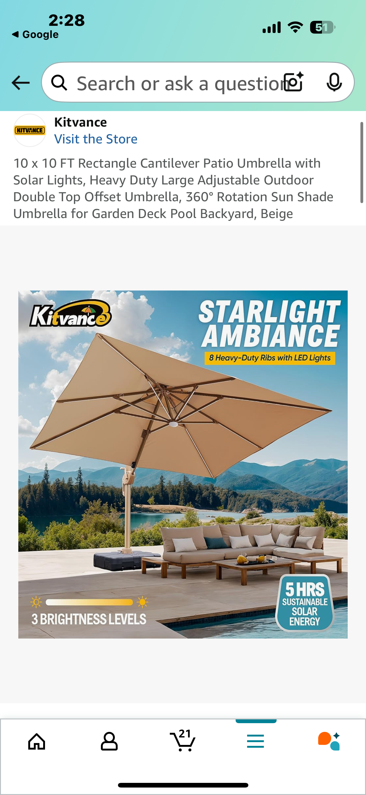 10 x 10 FT Rectangle Cantilever Patio Umbrella with Solar Lights, Heavy Duty Large Adjustable Outdoor Double Top Offset Umbrella, 360° Rotation Sun Shade Umbrella for Garden Deck Pool Backyard, Beige (G823)